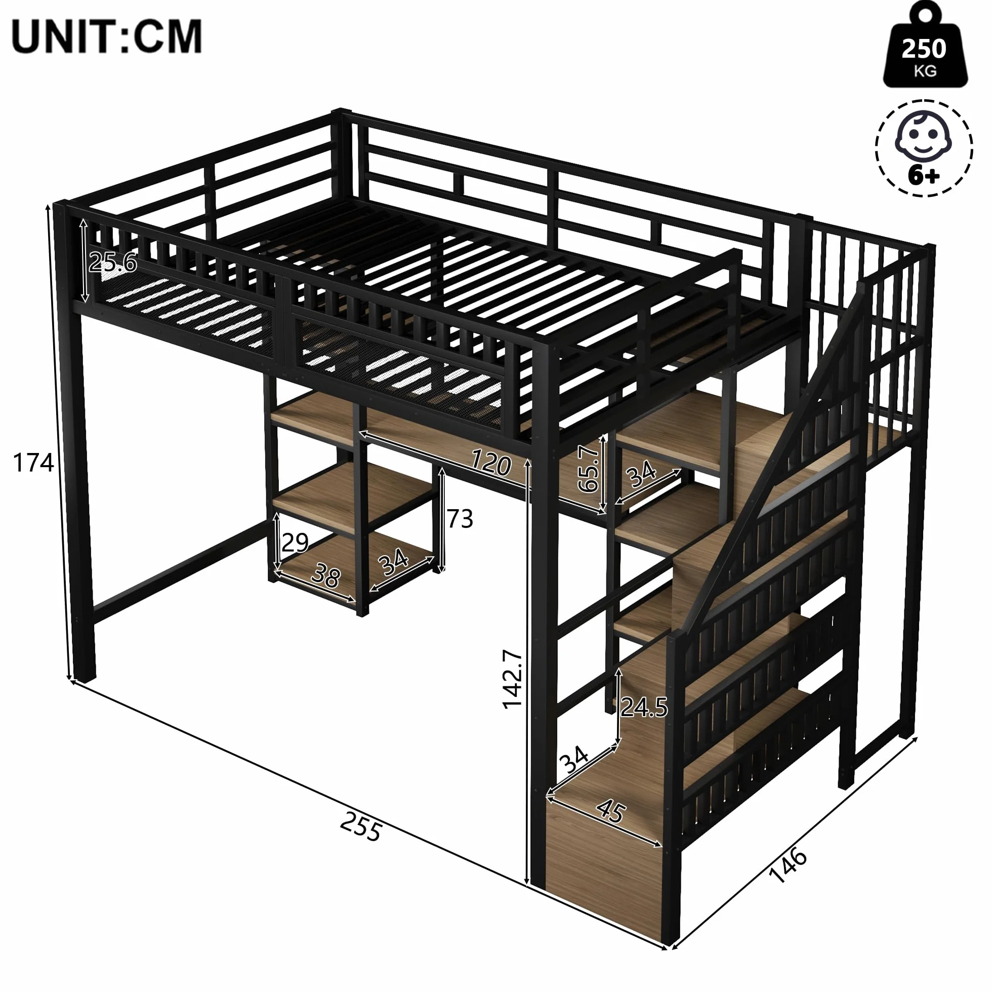 Sapgaks Lit Mezzanine Enfant en Fer 140x200 avec LED,Port USB, Bureau,Compartiment de Rangement,échelle de Rangement,lit superposé avec Garde-Corps,Cadre de lit Mezzanine 2 Place (A-Noir, 140x200)
