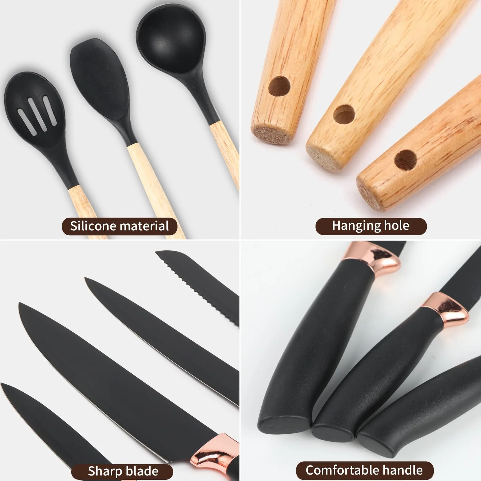 Lot de 19 couteaux de cuisine en silicone avec 12 ustensiles de cuisine, 5 couteaux, planche à découper et support, passe au lave-vaisselle