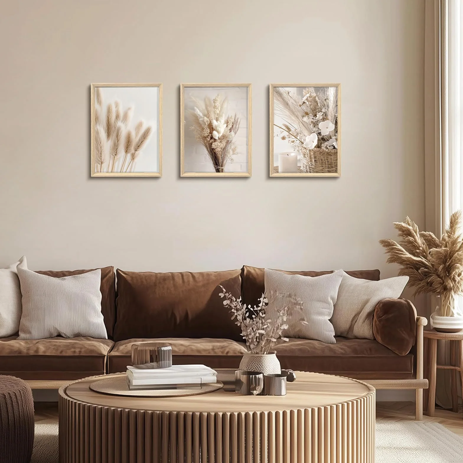 Cadre en bois Impression sur Toile Beige Boho Tableau Peinture Affiche Fleur nordique Sauge Herbe Séchée Decoration Murale 30x40cm x3