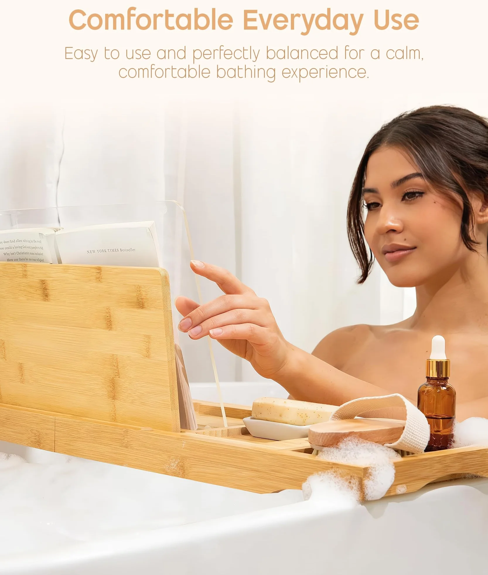 ADOV Pont de Baignoire Extensible en Bambou Naturel avec Porte-Bougie, Verre, Livre, Téléphone, Antidérapant