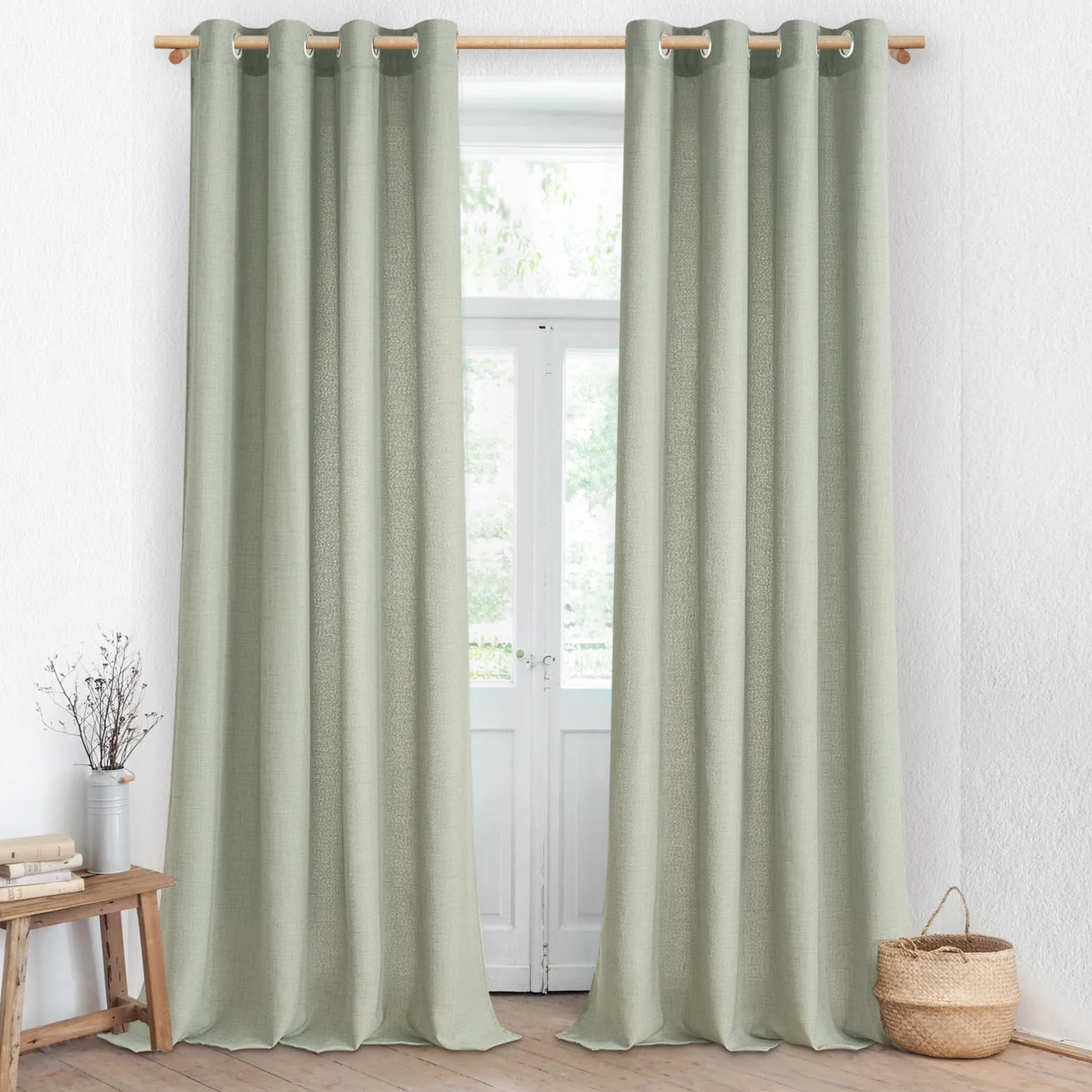 Lot de 2 Rideaux Voilage en Lin 140x200 CM Vert Sauge Semi-Transparent à Oeillets pour Fenetre Porte Balcon Chambre Salon