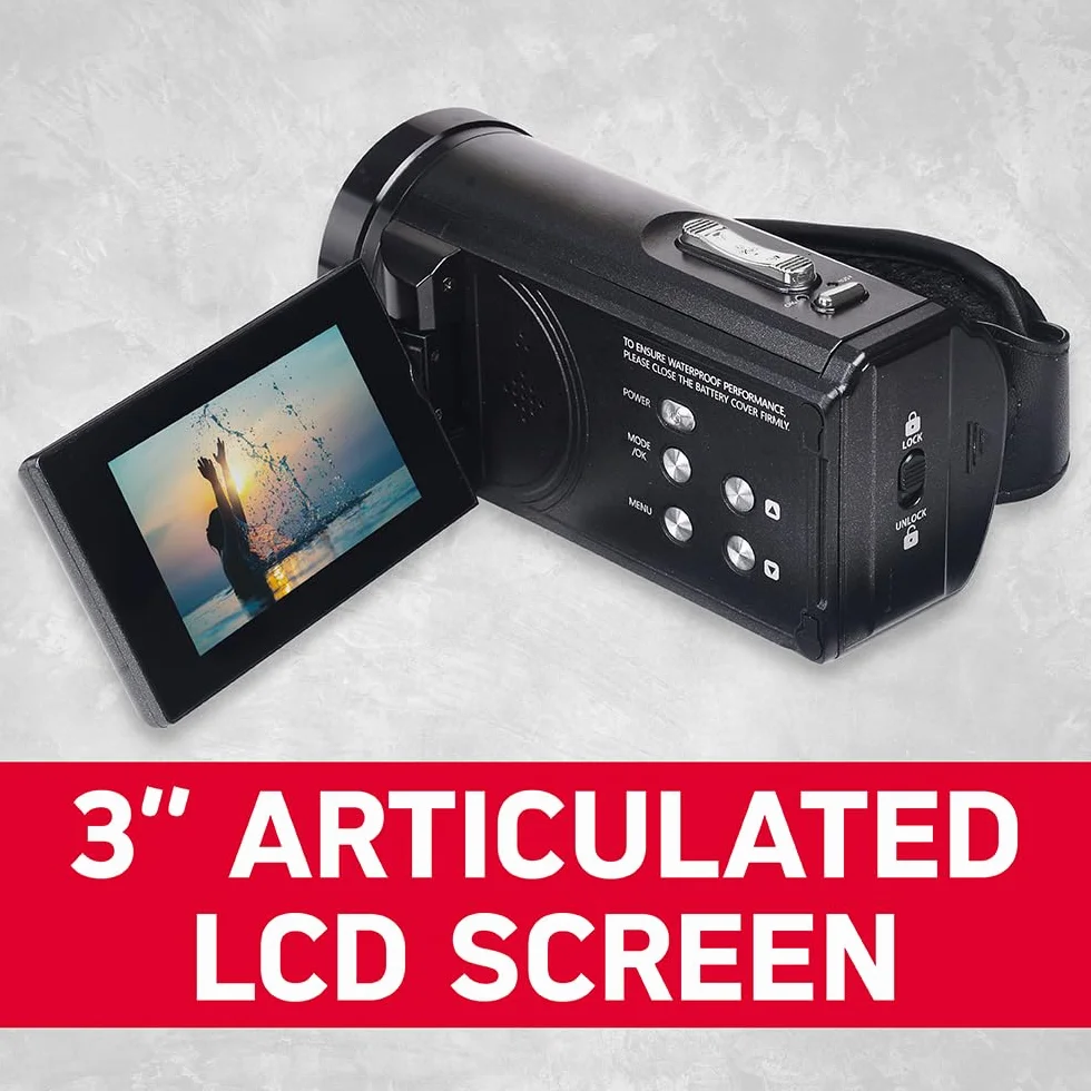 AGFA Realimove CC4000W - wodoodporna kamera 4K, 3-calowy ekran dotykowy, 18-krotny zoom cyfrowy, wideo 2,7K, zdjęcie 24 MP, pilot zdalnego sterowania, wiele trybów nagrywania, bateria litowa - czarna