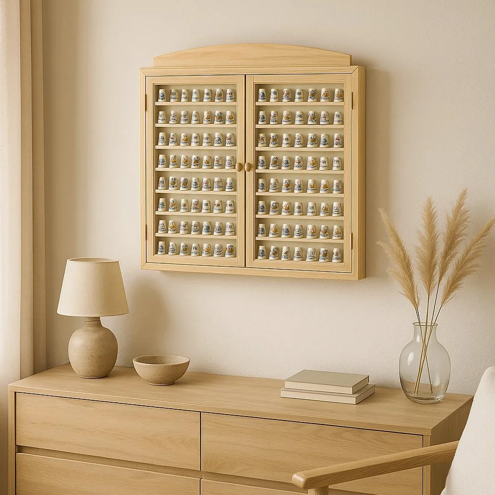 Greca Vitrine Collections dés á Coudre. Capacité 144 dés. Pin Naturel, à Peindre. Mesures (Largeur/Fond/Hauteur) :60 * 6 * 54 cms.