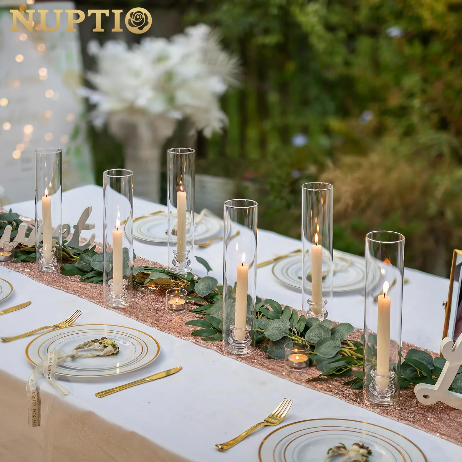 NUPTIO Bougeoirs en Verre Lot de 6 Bougeoirs Transparents de 30cm de Haut - Support de Bougies Coniques avec Couvercle Cylindrique Résistant au Vent pour la Décoration de la Cheminée