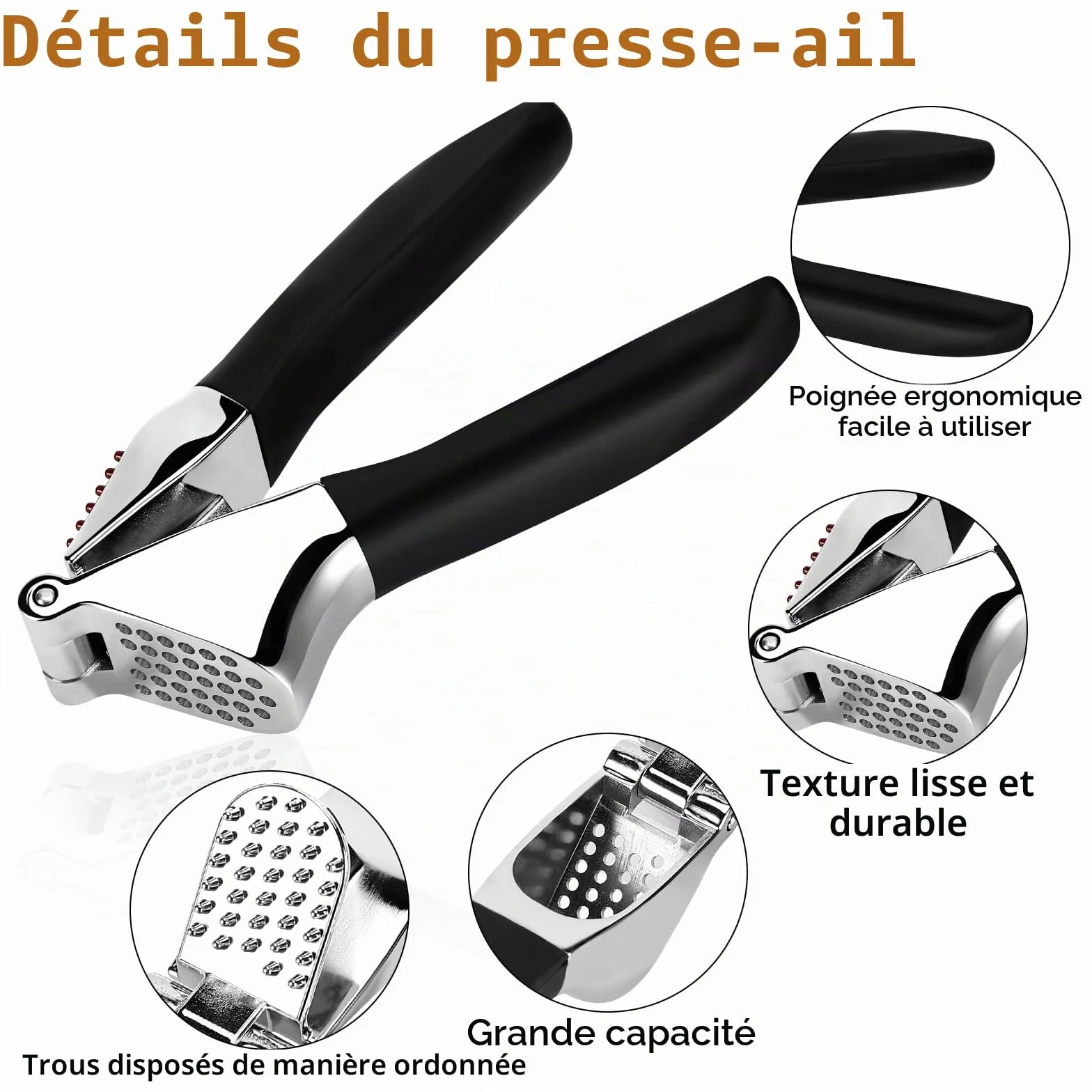 Presse-ail de cuisine professionnelle inox, écrase ail et gingembre facile à nettoyer