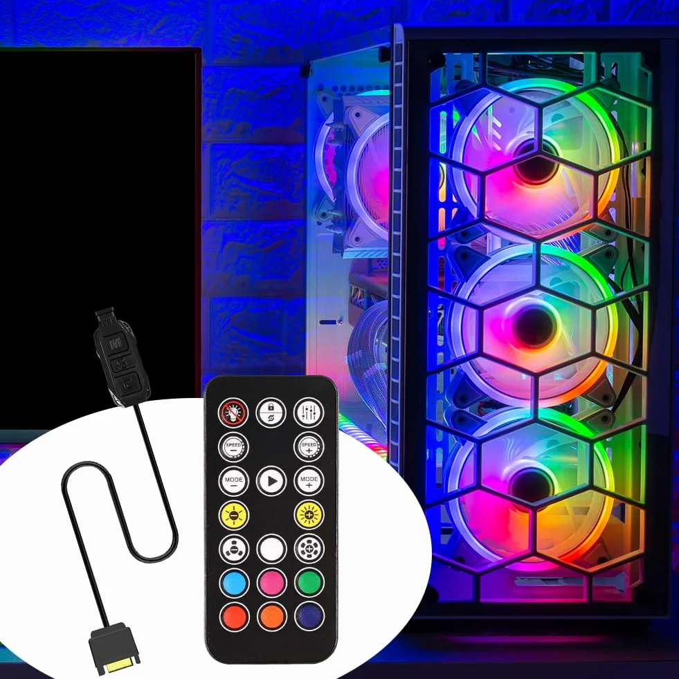 ARGB kontroler z pilotem zdalnego sterowania, 5 V, 3-pinowy kontroler SATA Power RGB, pilot zdalnego sterowania, przełącznik RGB Fan Hub do wentylatorów DIY, sterowanie oświetleniem i listew