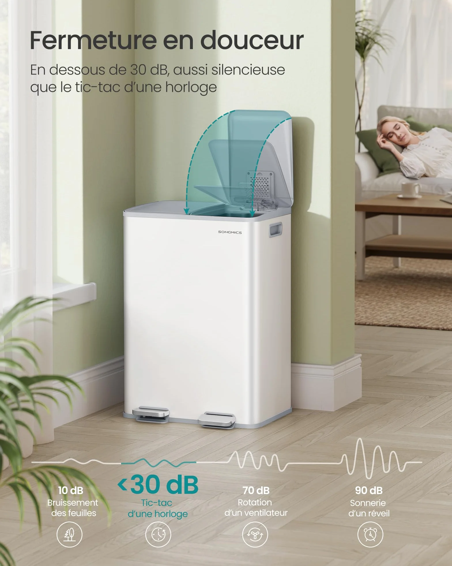 SONGMICS Poubelle de Cuisine 2 x 30 L Acier Inoxydable avec Pédale Blanc Mat LTB741W02