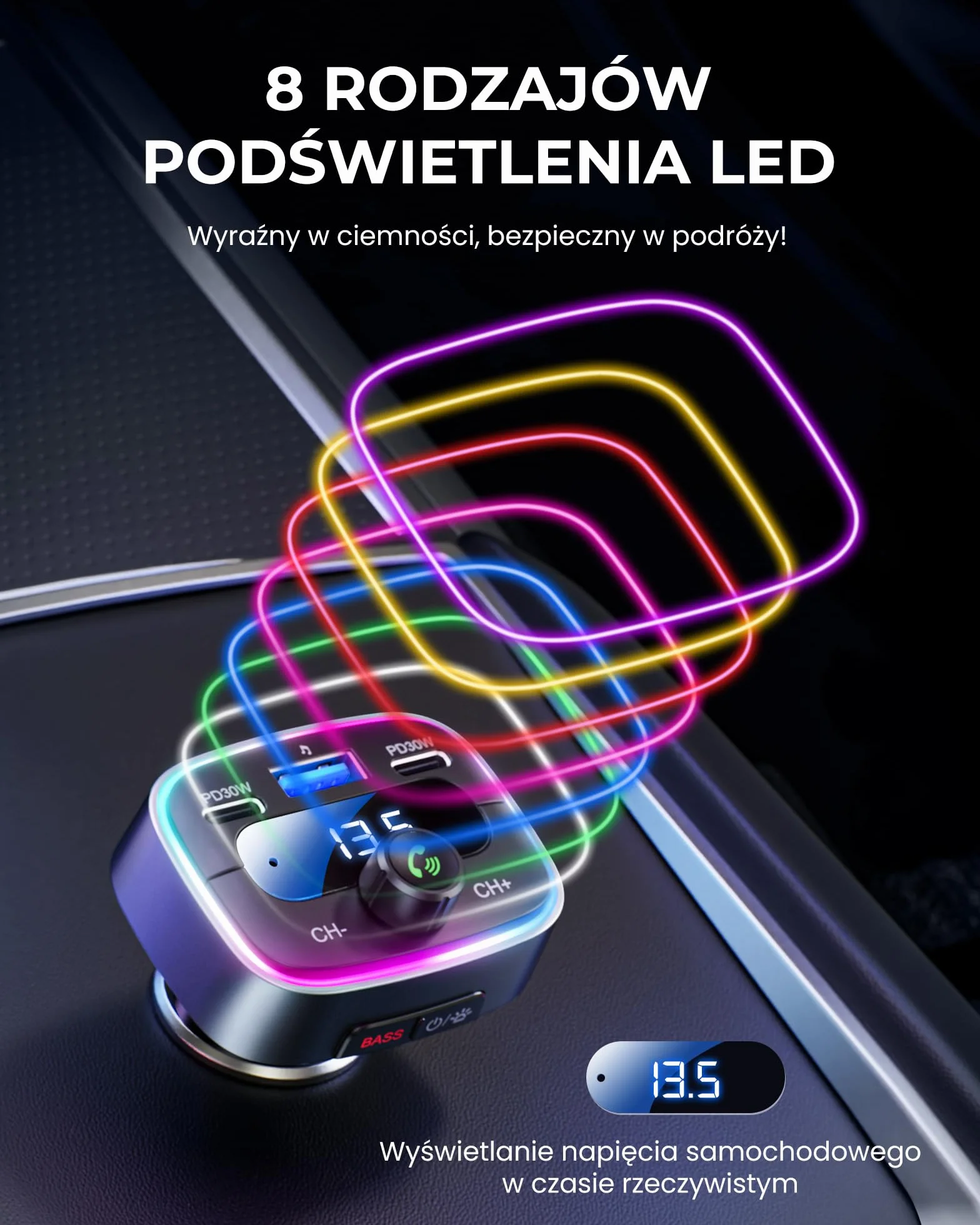 LENCENT Nadajnik FM Bluetooth 5,4, 60 W Szybkie Ładowanie z 2 USB-C (PD 30 W), darmowe rozmowy, muzyka samochodowa, głęboki bas Hi-Fi z 7 kolorami LED i pamięcią USB