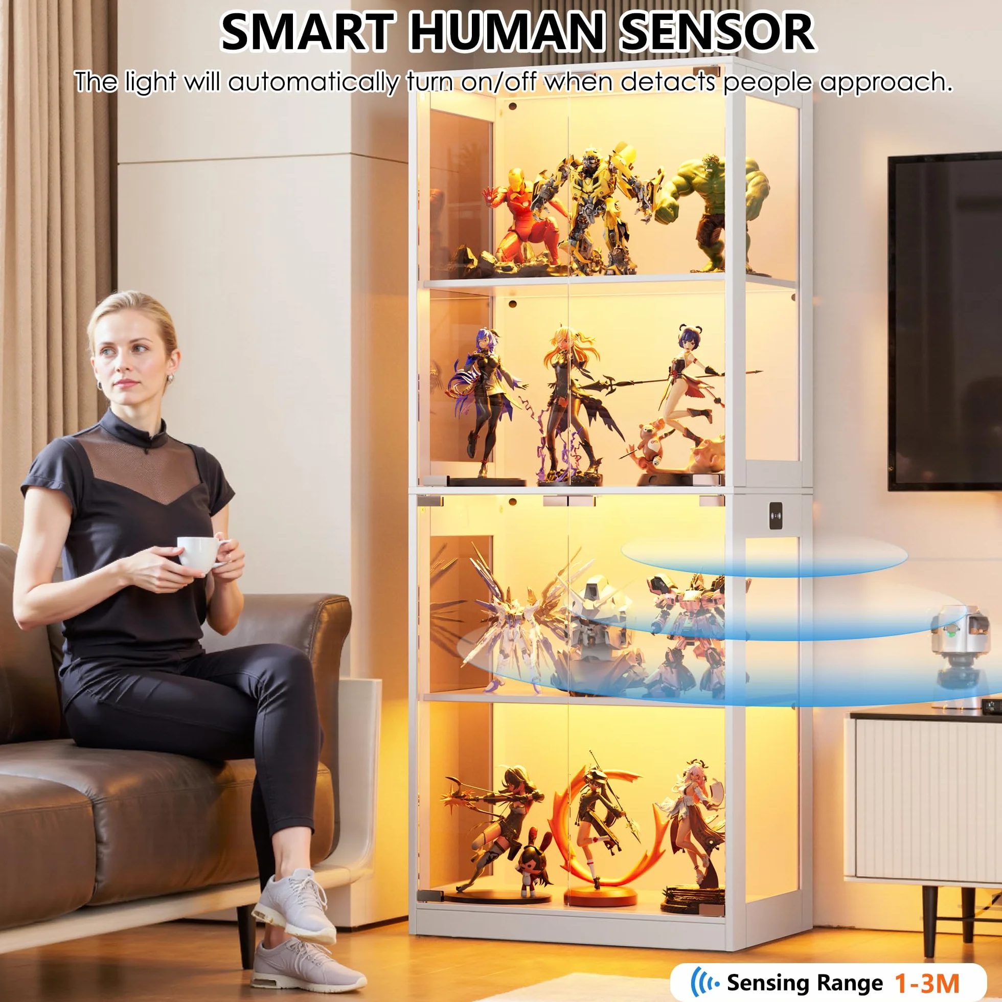 MSFE Vitrine en Verre avec LED, Vitrine pour Collection avec Capteur Intelligent, 4 Couches Multifonction en Verre Debout,Armoir Moderne, Armoire de Salon, Capacité de Charge par Couche: 15 kg, Blanc