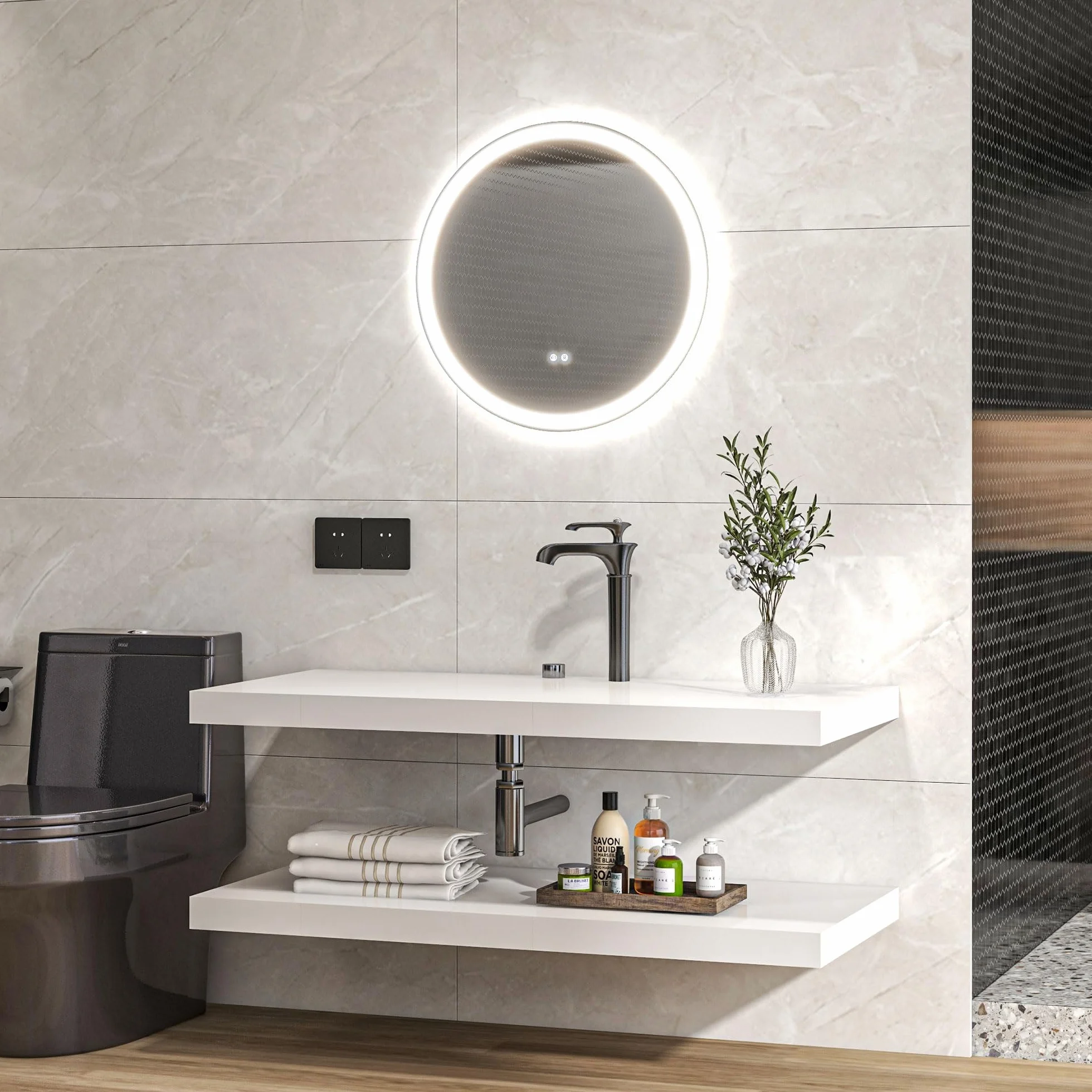 kleankin Miroir Salle de Bain avec éclairage Ø 70 cm Miroir Rond Lumineux 3 Couleurs Interrupteur Tactile système antibuée 23W Blanc Argent