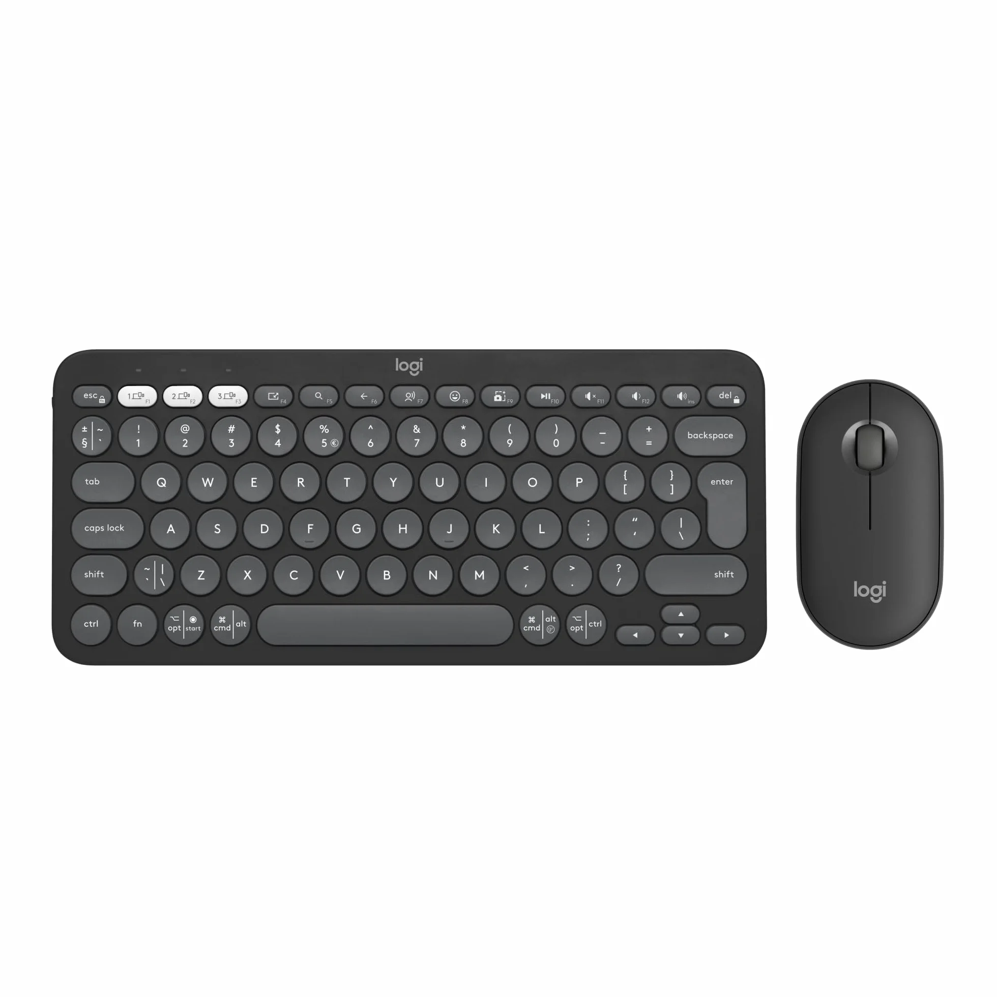 Logitech Pebble 2 Combo, Bezprzewodowa klawiatura i mysz, cicha i przenośna, personalizowana, Logi Bolt, Bluetooth, Easy-Switch dla Windows, macOS, iPadOS, Chrome, QWERTY układ US international,Grafit
