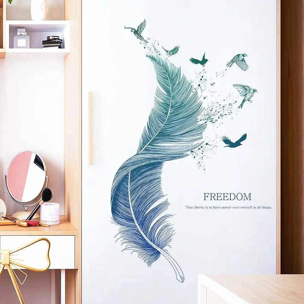 Stickers Muraux Plume Bleu Moderne 124×72 cm Autocollant Mural Décoration Salon Chambre
