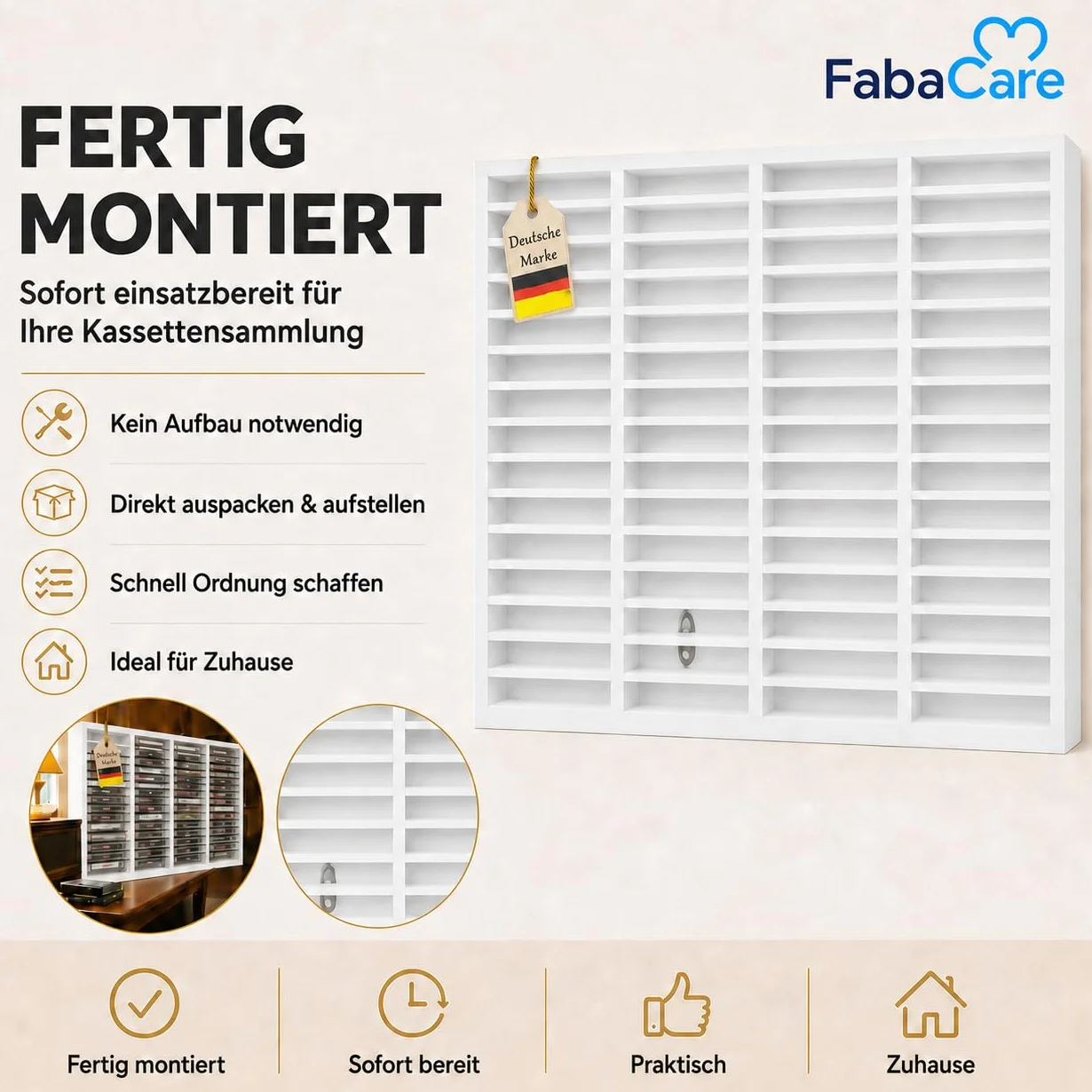 eCom Fabarius Étagère pour 60 cassettes audio, étagère média en bois de pin entièrement montée