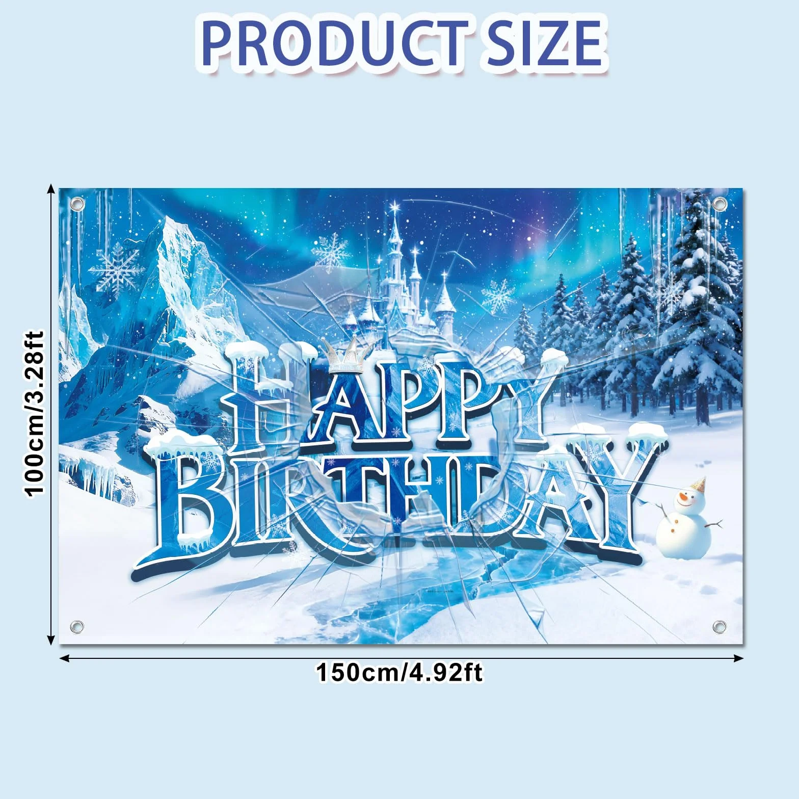Toile de Fond Joyeux Anniversaire Château de Glace et Neige 150x100cm Bannière Anniversaire Princesse Hiver