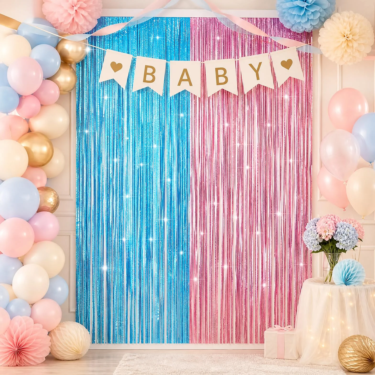 Rideaux de fête à paillettes rose et bleu serpentins métalliques 1 m x 2 m lot de 4