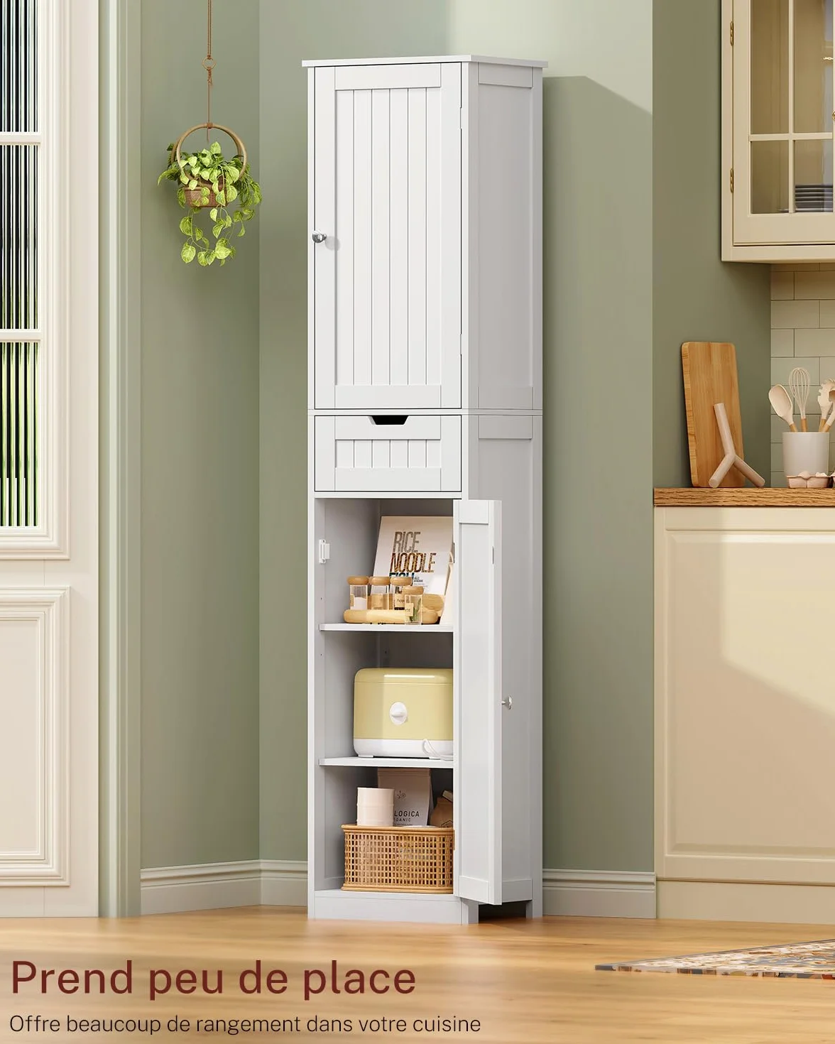 TEENFON Meuble de Salle de Bain avec Portes, Armoire de Rangement Colonne avec Étagères Réglables et Tiroirs, Blanc (40x30x170cm)
