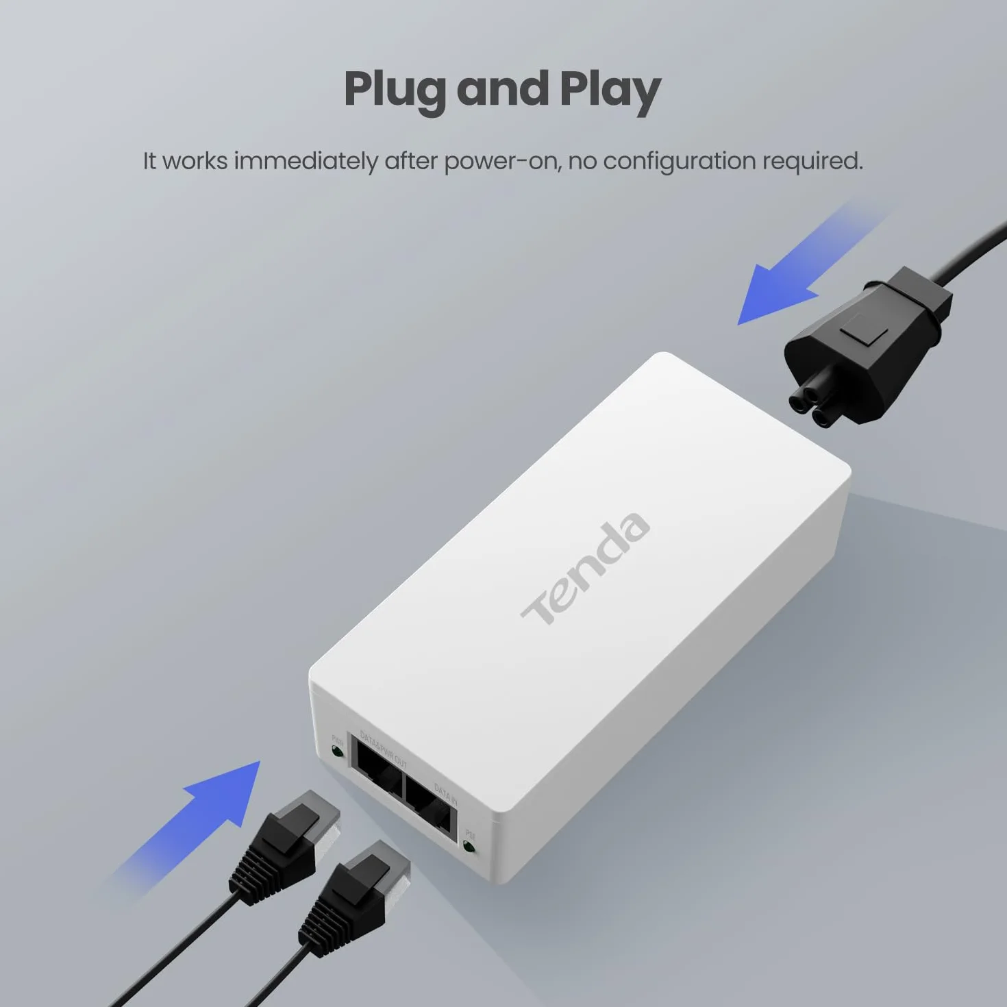 Tenda Gigabitowy Injector PoE, Injector PoE+ IEEE 802.3af/at, Do 30 W, Zasięg do 100 m, Plug & Play, Biały (PoE30G-AT)