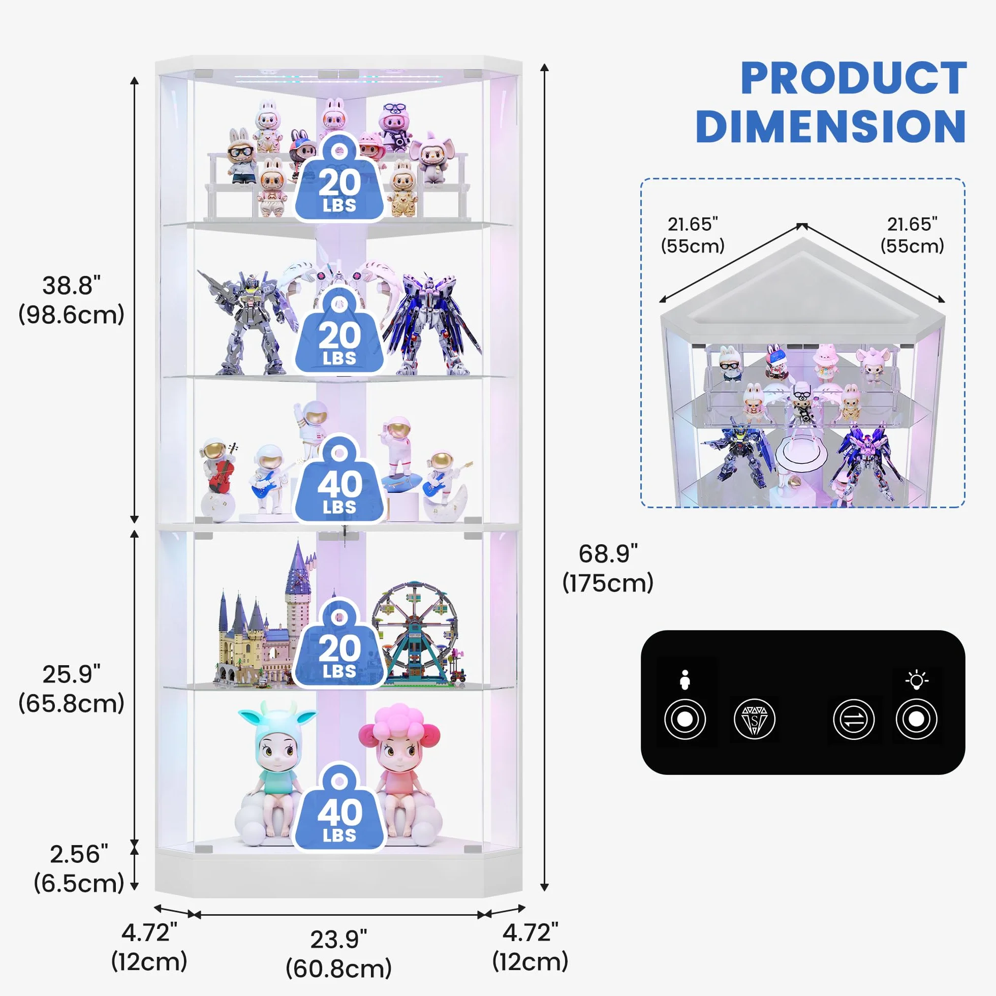 Lvifur Vitrine d'angle 5 Niveaux avec capteur Humain et Portes vitrées pour Chambre à Coucher, Bureau, vitrine 175 cm, vitrine en Verre avec éclairage LED pour vitrine de Collection et Salon, Blanc