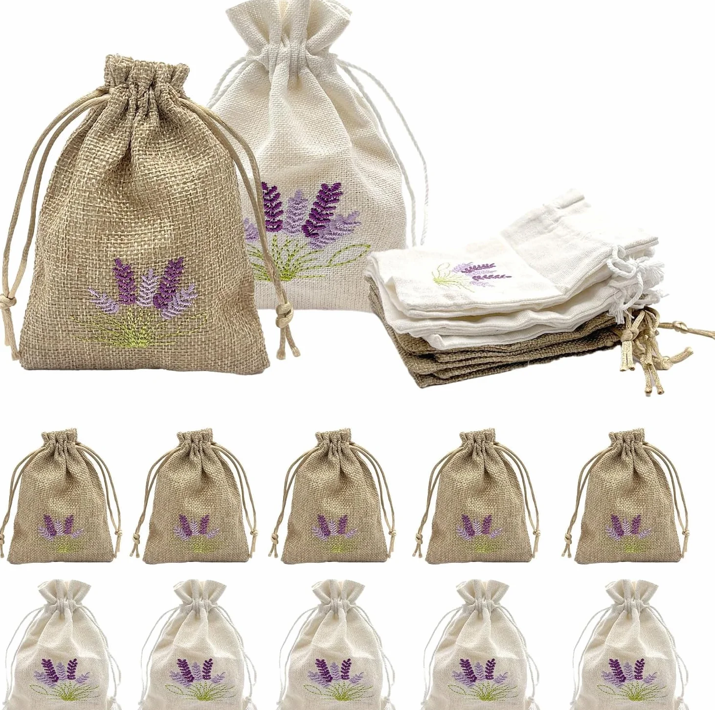 Sachets de parfum lavande vides à remplir - Lot de 10 sachets en toile de jute avec cordon de serrage