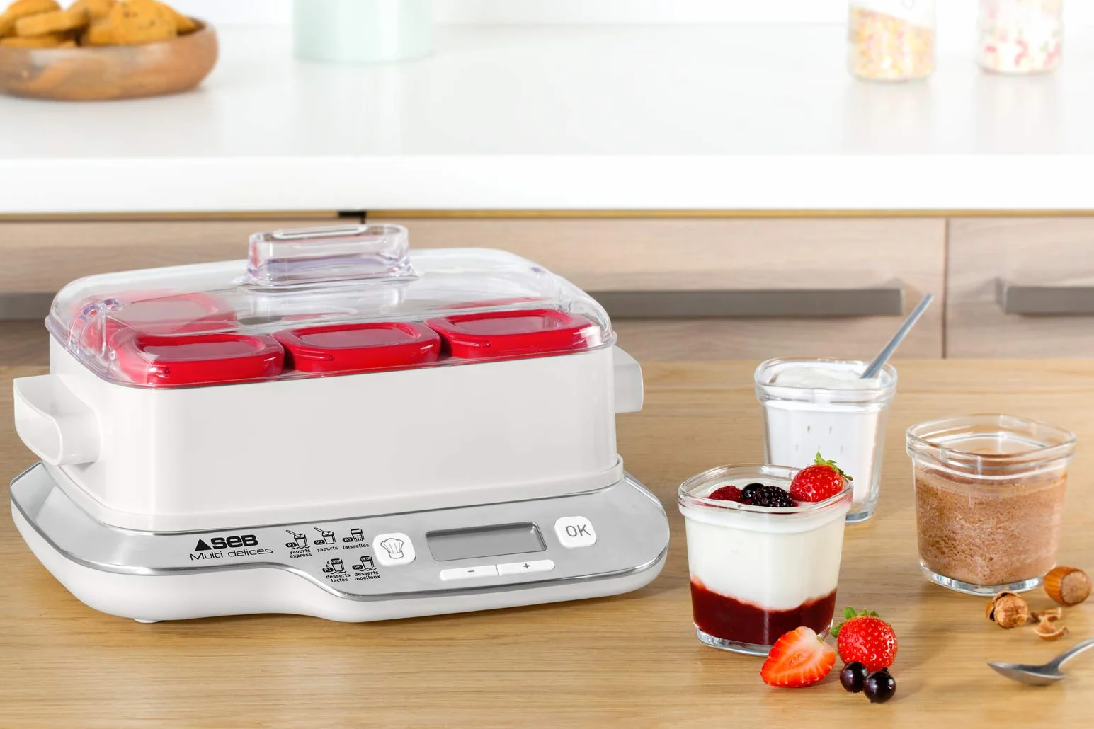 Seb Yaourtière 6 pots verre 140 ml, 5 programmes automatiques, Sans BPA, Compact, Yaourt maison, Desserts lactés, Fromages blancs, Fabriqué en France, Multidélices Express, Rouge YG660100