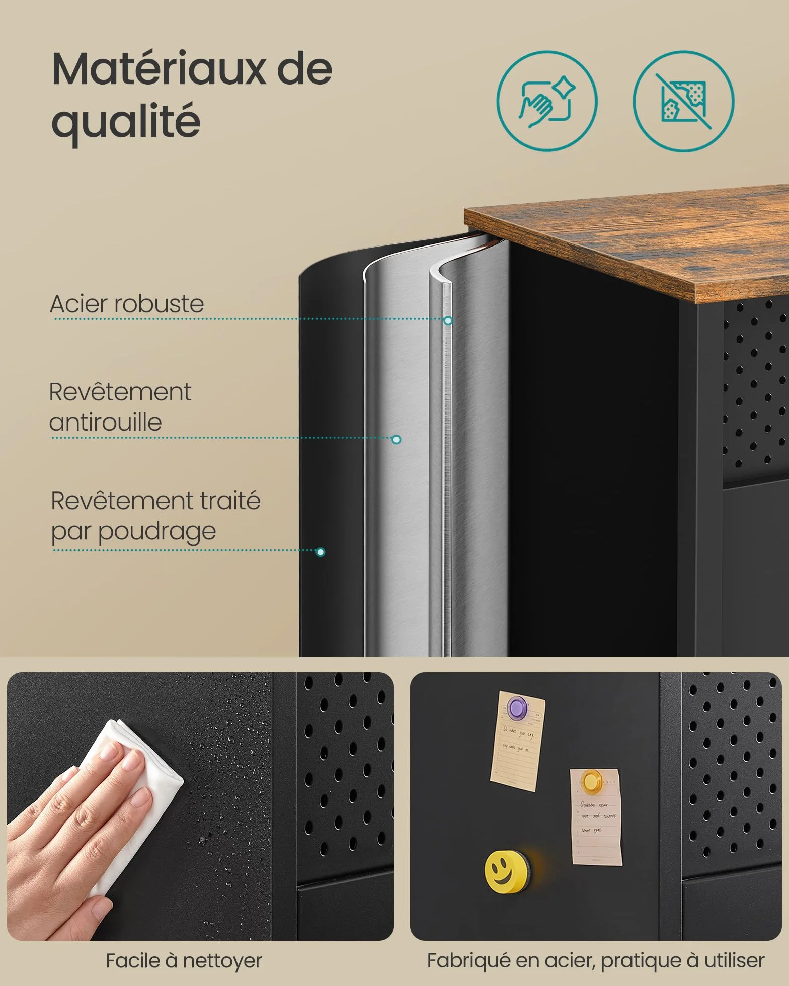 SONGMICS Meuble de Rangement, Buffet, Meuble en Métal, Placard à Double Portes, Fermeture Magnétique, Étagères Réglables, Cadre en Acier, Marron Rustique et Noir Mat LSC204B01