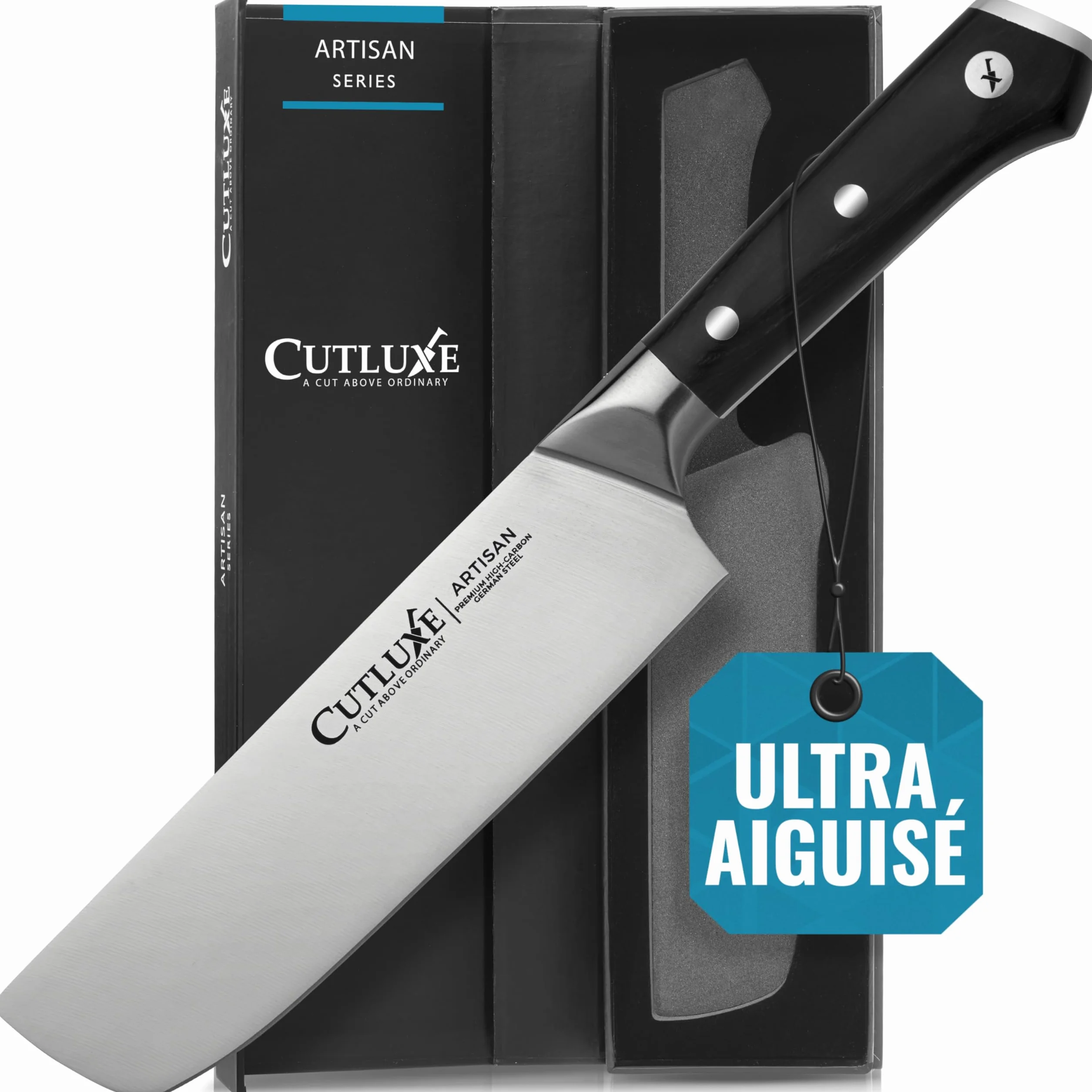 Cutluxe Couteau Nakiri - Couteau Japonais 18 cm, Couteau de cuisine professionnel pour hacher, découper et trancher - Tranchant rasoir & soie complète - Design ergonomique du manche - Série Artisan