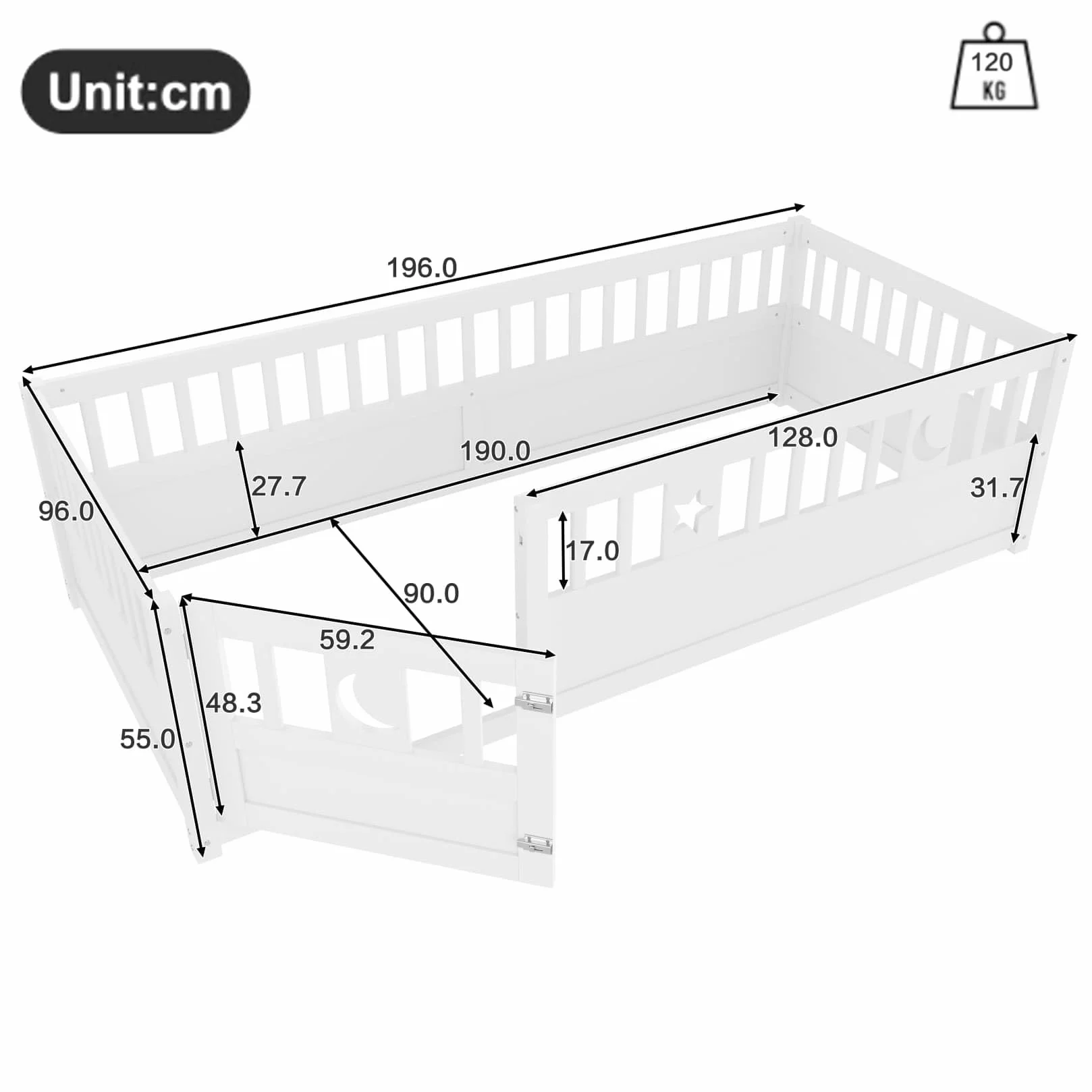 PUGSDRLY Lit Cabane Enfant 90x190cm avec Barriere et Serrure,Lit Montessori au Sol sans Sommier à Lattes,Cadre en Bois de Pin pour Enfant,Blanc,sans Matelas (90-A)