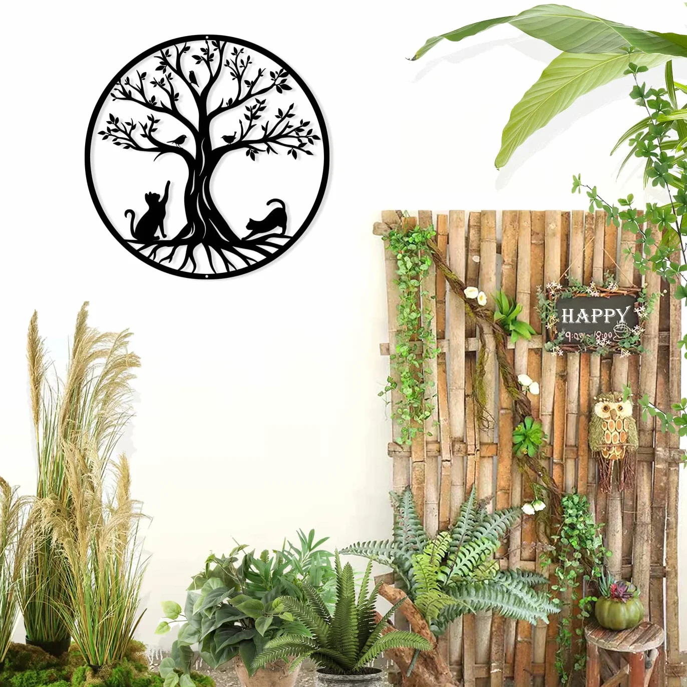 Arbre de vie en métal Décoration Murale Chats Noir 30cm