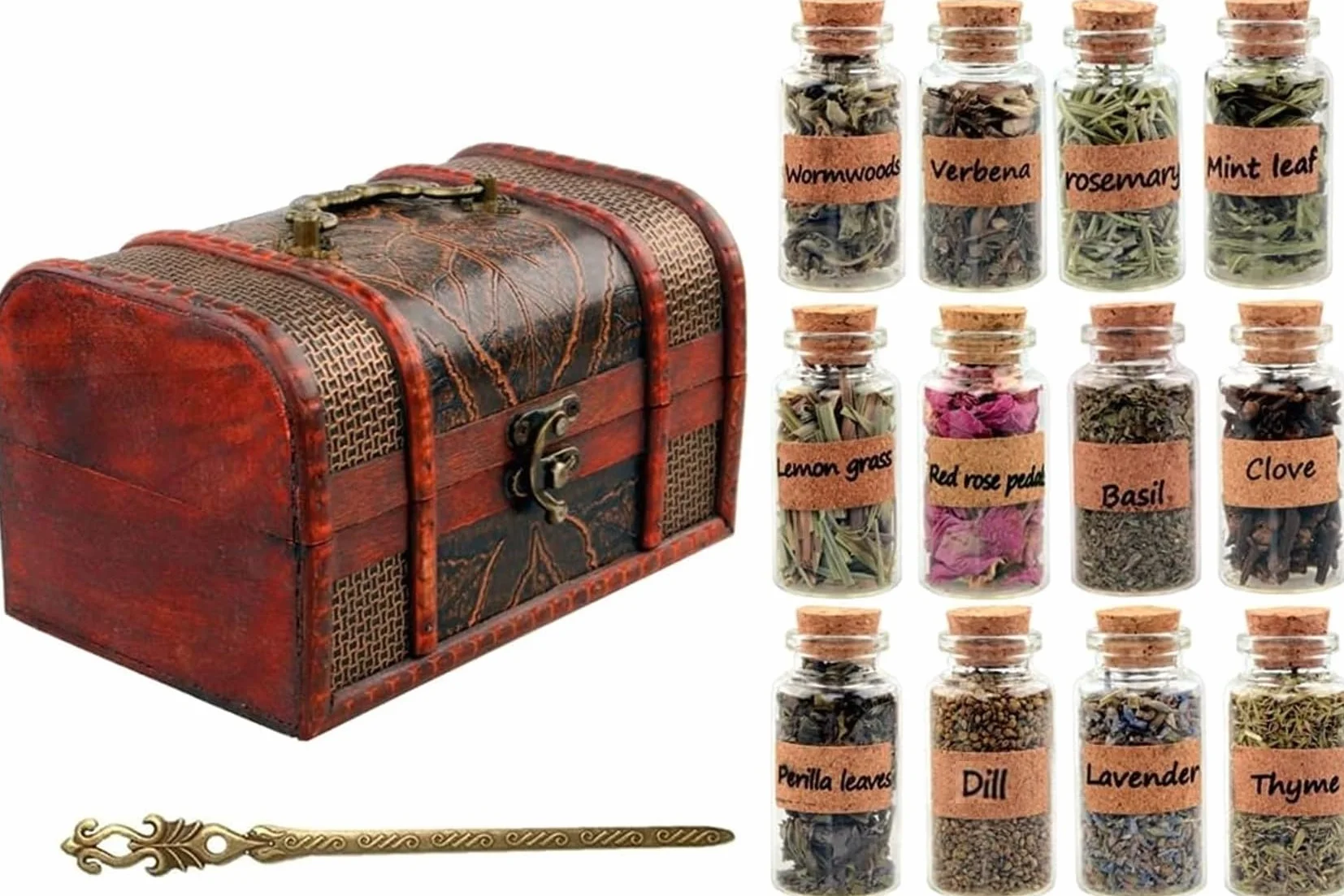 Coffret d’Herbes Séchées Naturelles – 100% Plantes Aromatiques en Flacons Verre avec Bouchon & Pince Vintage – Kit Cadeau pour Rituel, Sorcière, DIY, Aromathérapie, Déco (12 Flacons d’Herbes)
