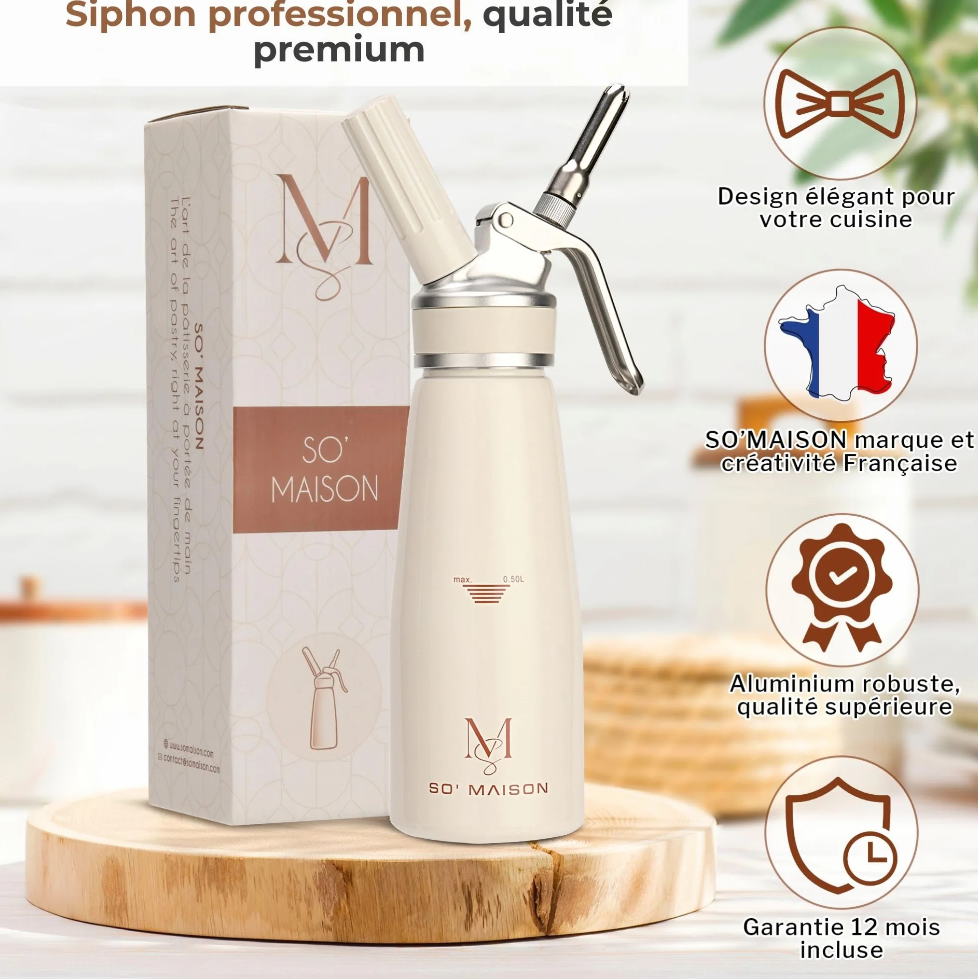 SO'MAISON Siphon Chantilly 500ml Aluminium Crème Vintage Cahier de Recettes Matériel de Pâtisserie Professionnel