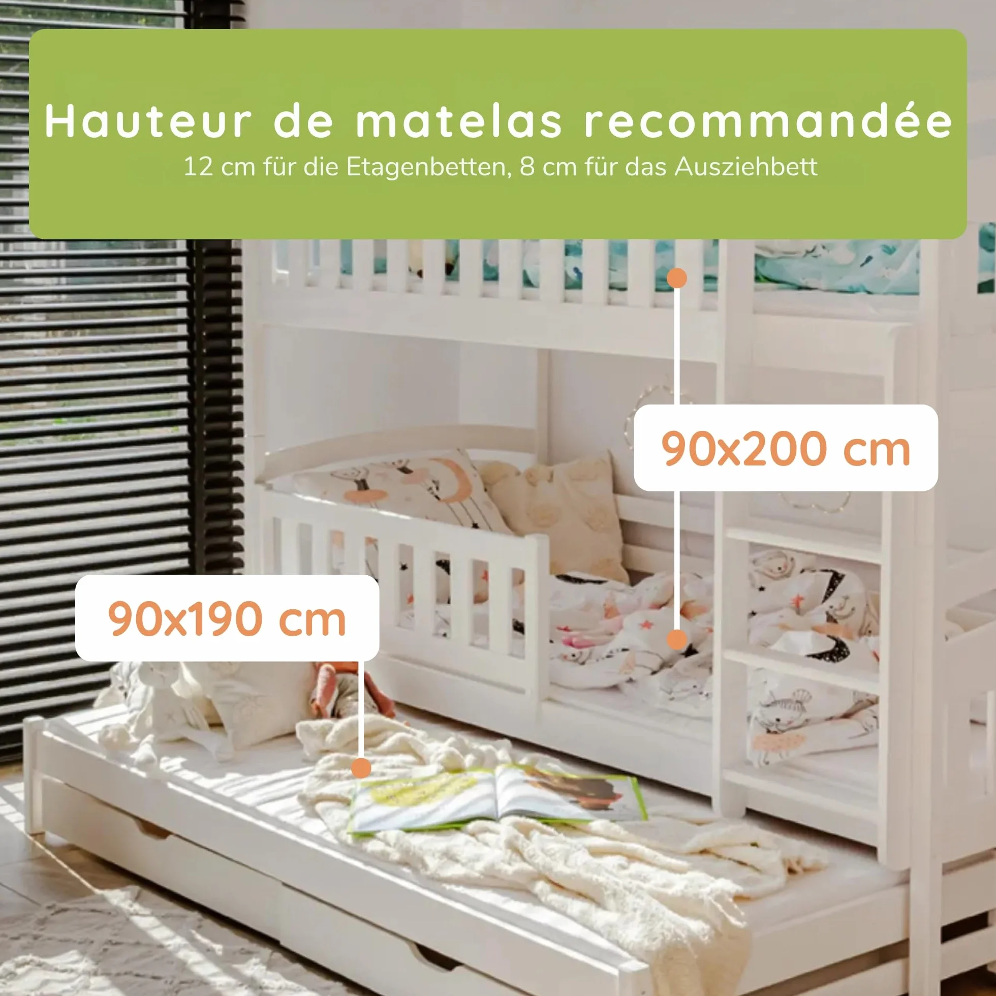 Kids Collective Lit superposé 90x200 pour Enfants et Adolescents – 3 couchages avec barrière de sécurité et tiroirs, Convertible en 3 Lits Simples | de 4 à 16 Ans | sommiers Inclus | Blanc