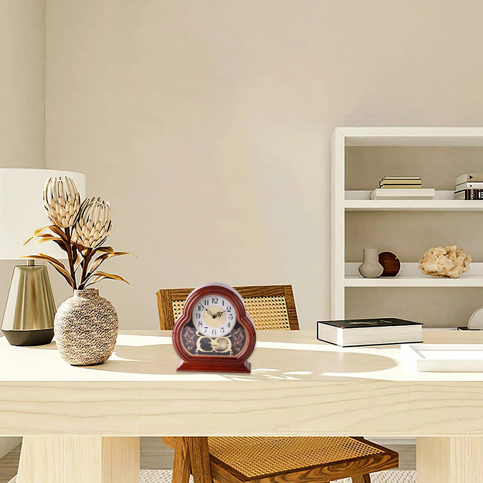 Horloge de Cheminée en Bois de Noyer Vintage Silencieuse avec Balançoire Pendule pour Salon Bureau