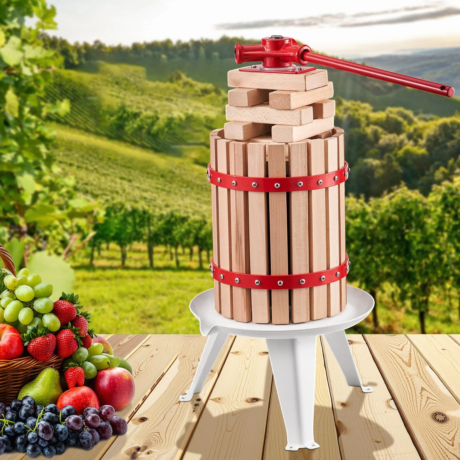 VEVOR Pressoir à Fruits Manuel 6 L, Presse à Vin avec Panier en Bois Massif avec 8 Blocs, Presse-Agrumes avec Poignée, Presse à Jus, Raisin, Cidre de Pomme, Miel pour la Cuisine et la Maison