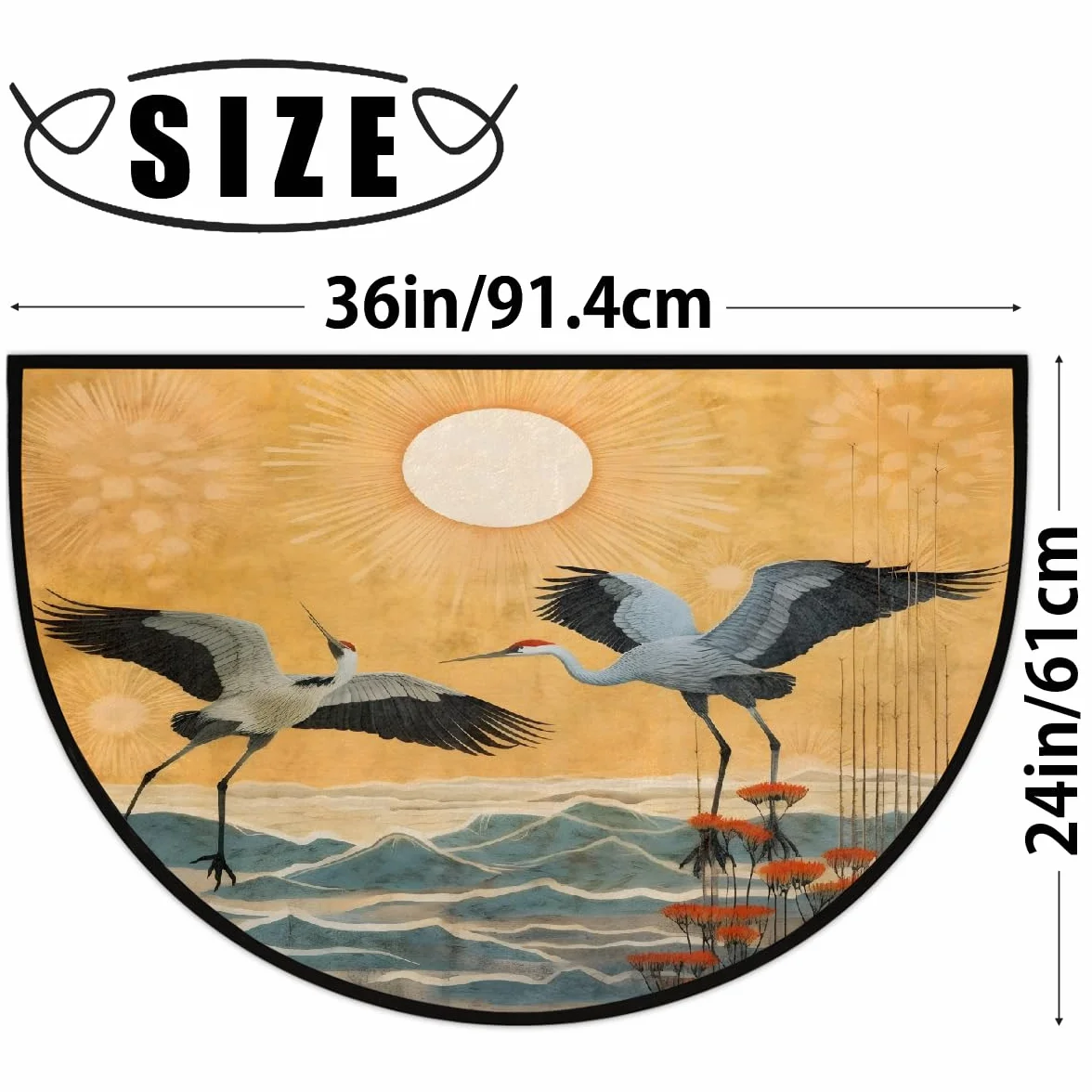 Grand paillasson vintage chinois grue oiseaux demi-lune tapis entrée 91,4 x 61 cm