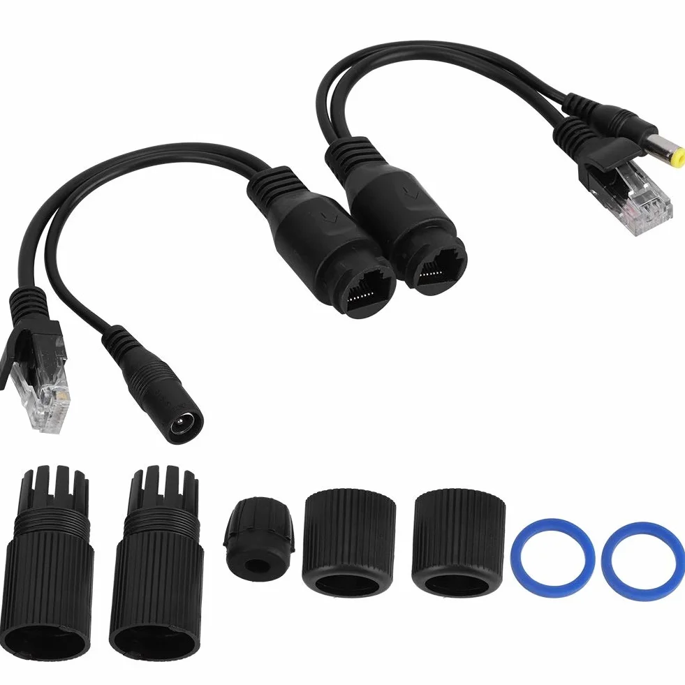 Rozdzielacz POE, wodoodporny kabel Ethernet 12 V zasilany pasywnym wtryskiwaczem rozdzielacza (kolor: czarny)