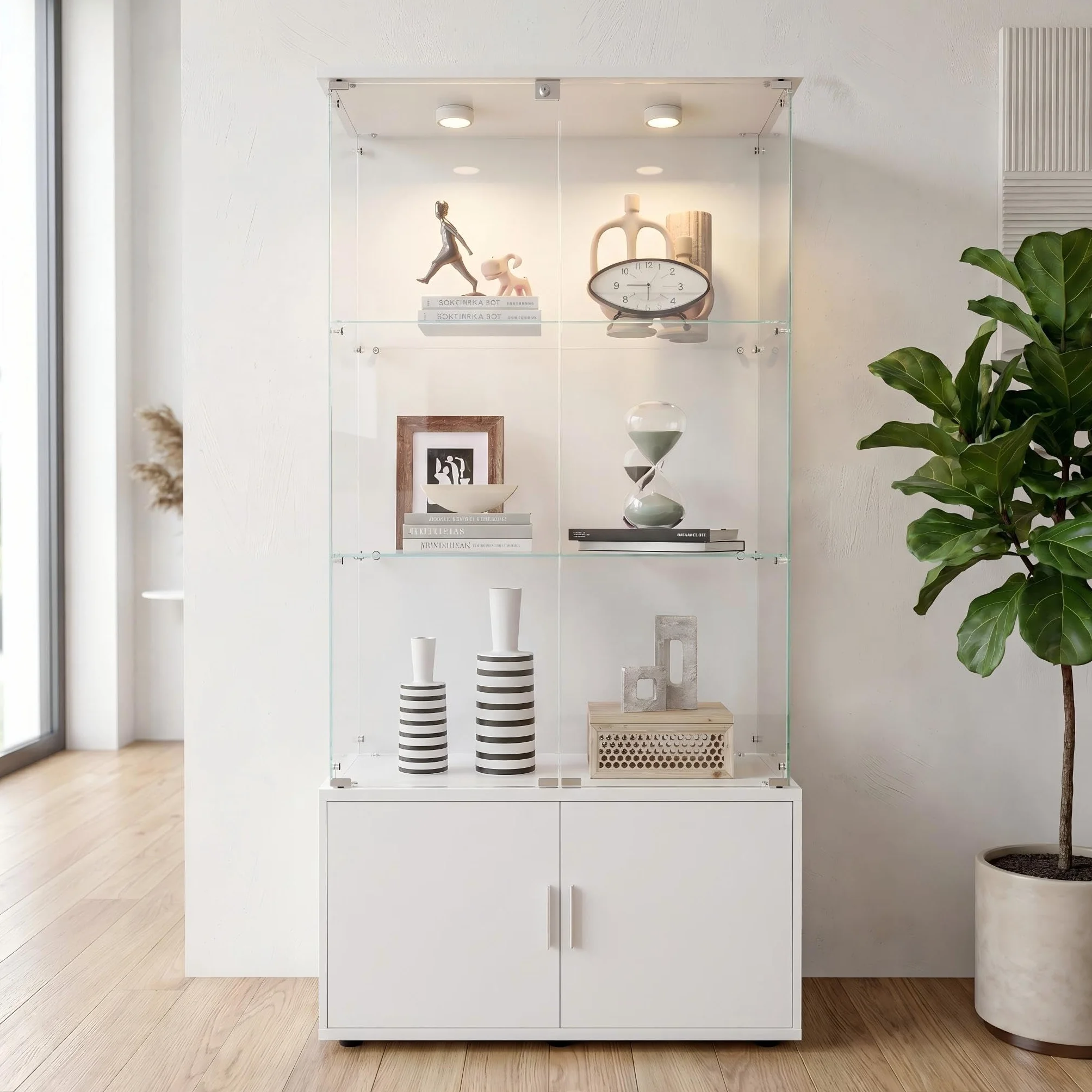 Vitrine en Verre, LED Meuble Vitrine, 3 Etages 4 Portes Vitrine Salon, Vitrines Exposition, Applicable Tous Scénarios Nécessitant Rangement Ambiance (Signal lumineux à déclenchement tactile (blanc))