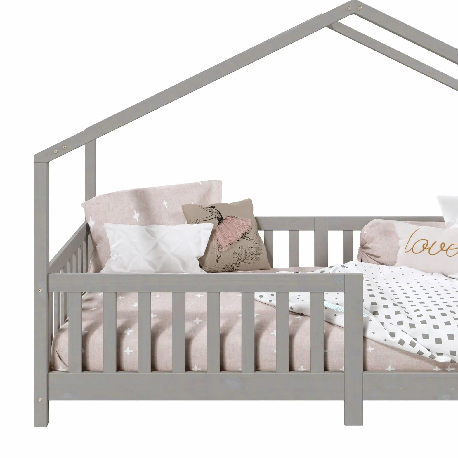 IDIMEX Lit cabane Enfant 90x190 cm LISAN lit Simple Montessori avec Barrières de Protection en Bois Massif lasuré Gris