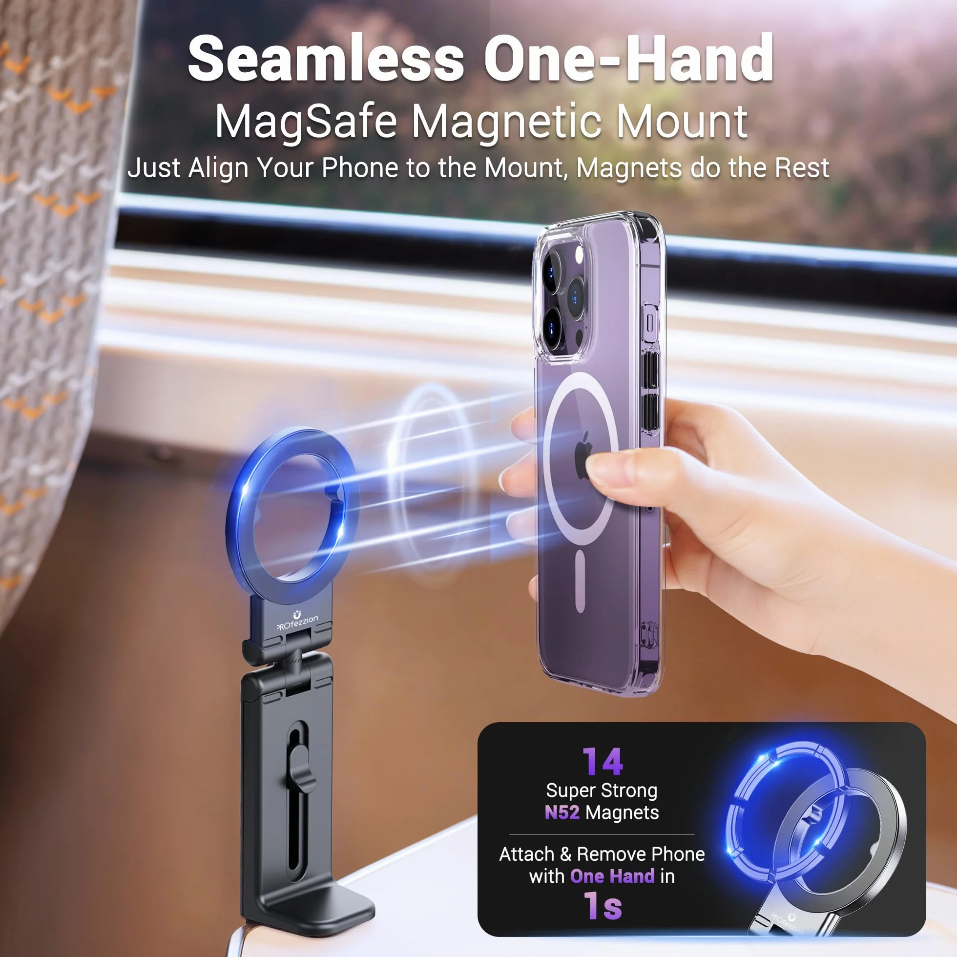 PROfezzion Podróżny uchwyt na telefon, bezpieczny lot, uchwyt na telefon, obracany o 360°, do iPhone'a 16, 16 Plus, 16 Pro, Max, serii 15, 14, 13, 12, z bezpiecznym etui, do samolotu, pociągu, biurka,