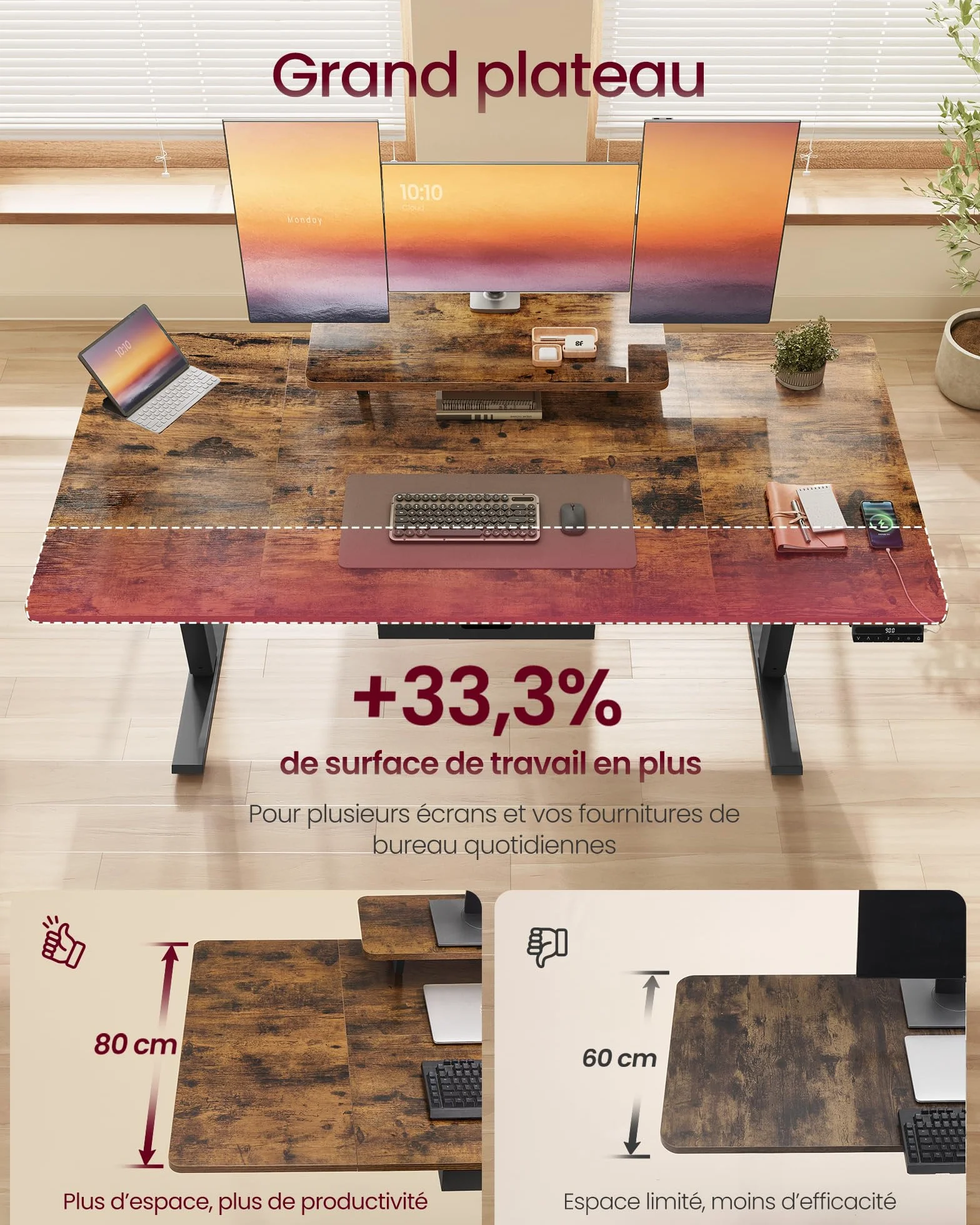 VASAGLE Bureau Électrique Réglable en Hauteur 140 x 70 cm Support d'Écran à Montage Flexible Tiroir Port USB-C Marron Rustique