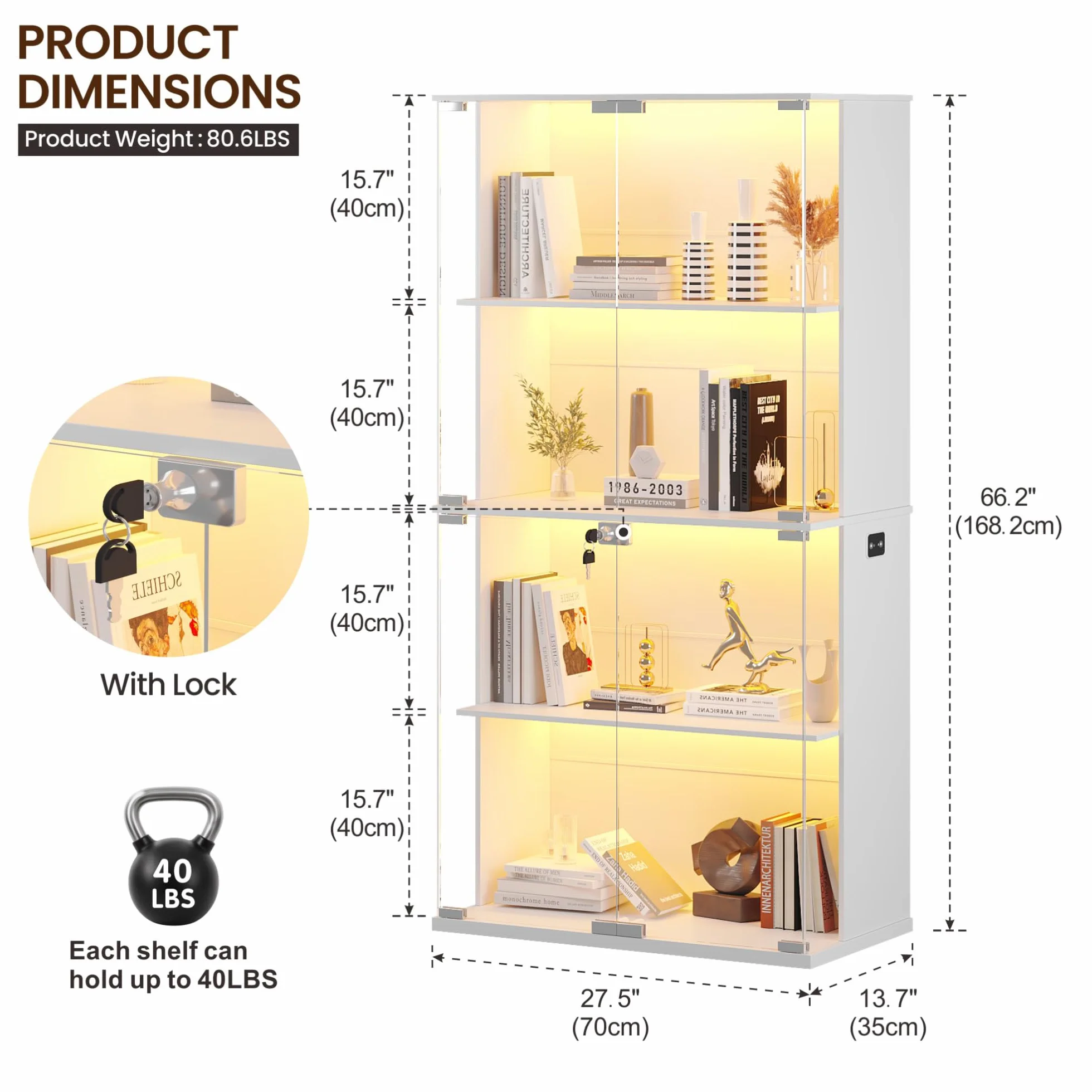 Lvifur Vitrine avec éclairage LED et Portes vitrées pour Objets de Collection et vin, 35 × 70 × 168 cm, vitrine 4 Niveaux avec capteurs intelligents pour Salon et Chambre, Blanche