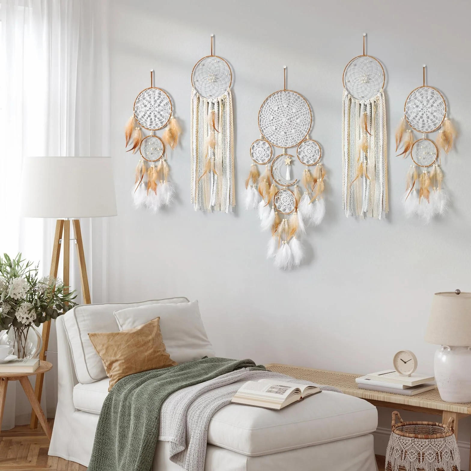LOMOHOO Lot de 5 attrape-rêves lune soleil - Décoration murale bohème marron
