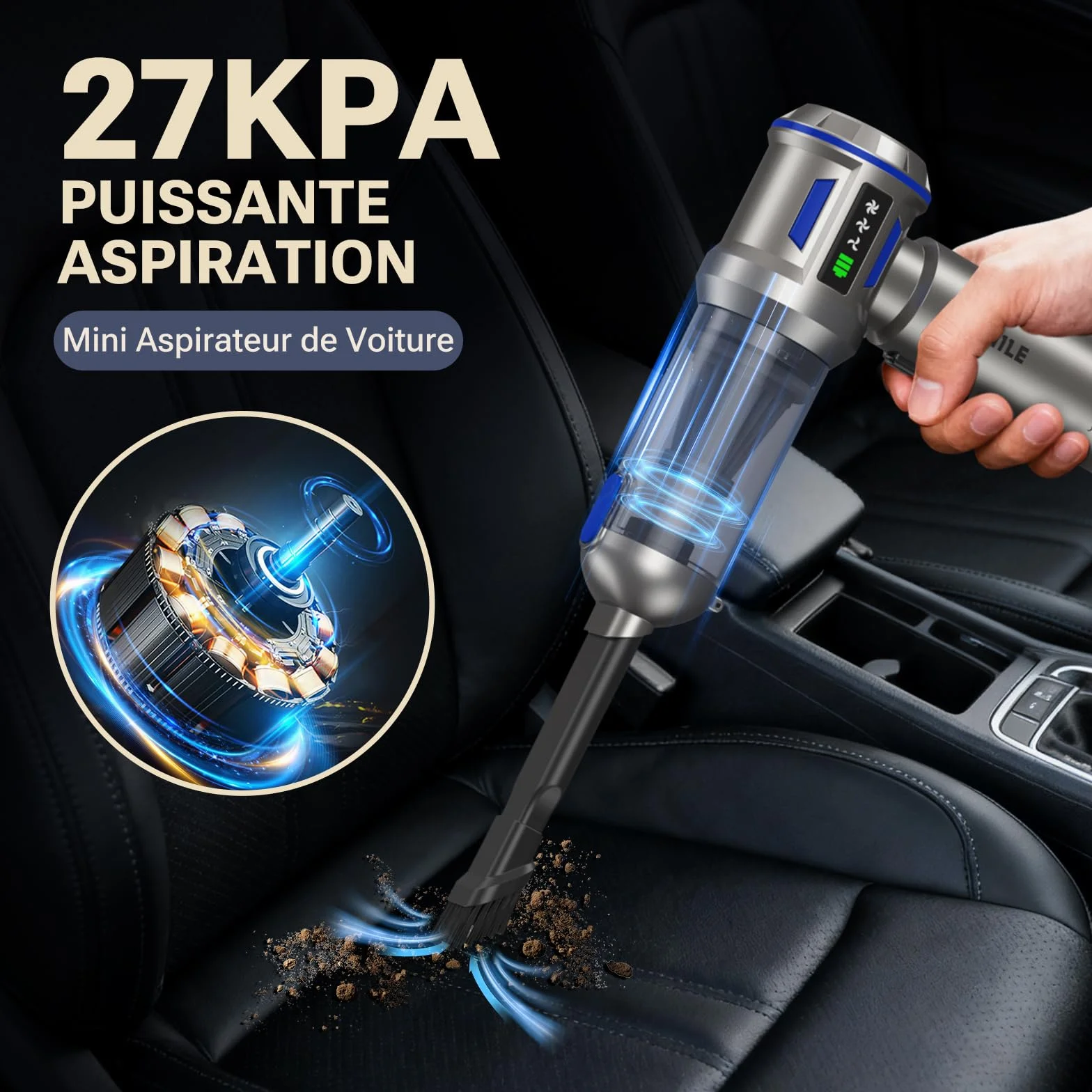 Aspirateur à Main, 27000Pa/120W Mini Aspirateur sans Fil & 250.000 tr/min Aspirateur de Voiture à 3 Vitesses avec Moteur sans Brosse, Aspirateur Voiture Sans Fil Pour Bureau,Maison, Cuisine,Poils