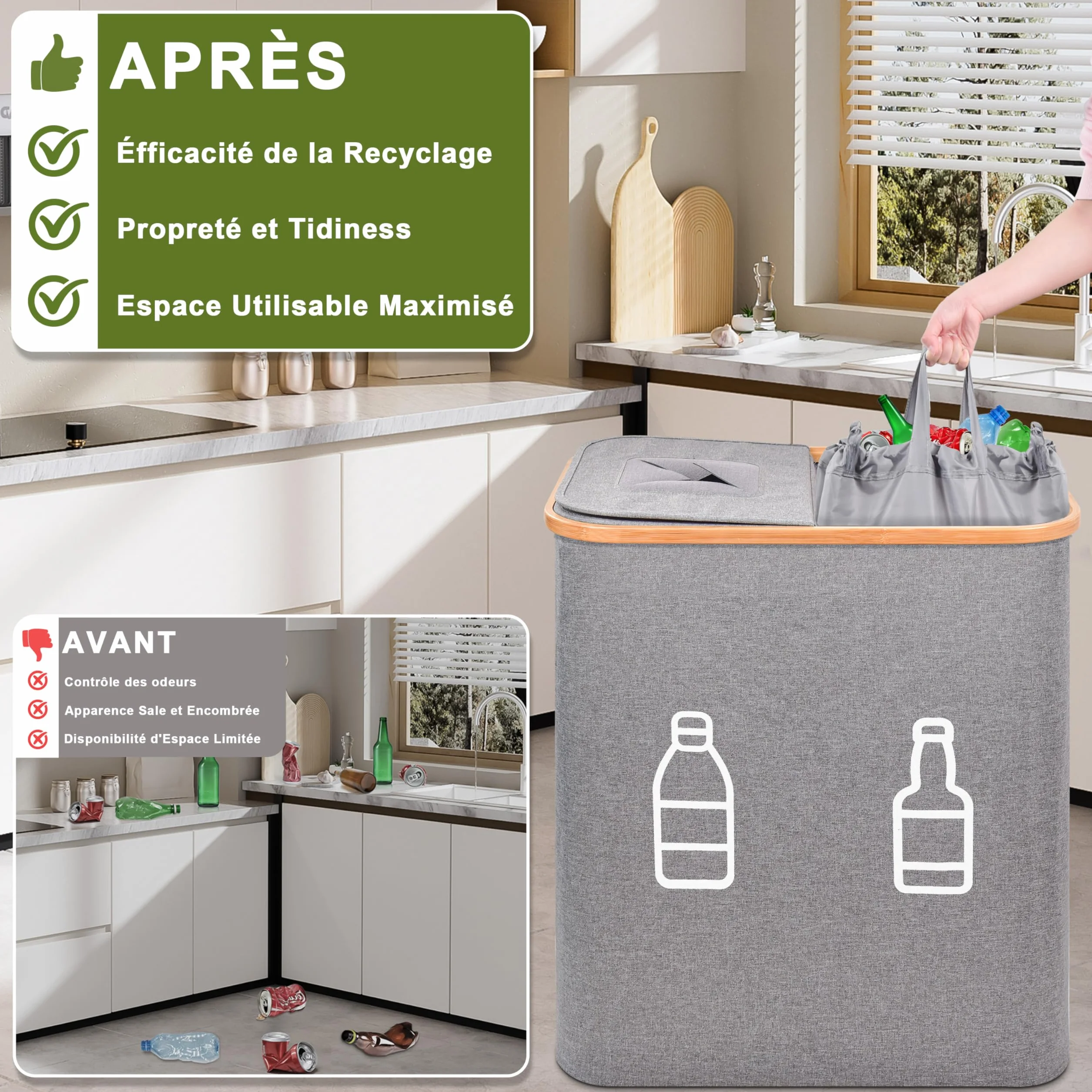 IEEILULU Bouteille consignée 140 L 2 compartiments avec couvercle collecteur poubelle cuisine gris