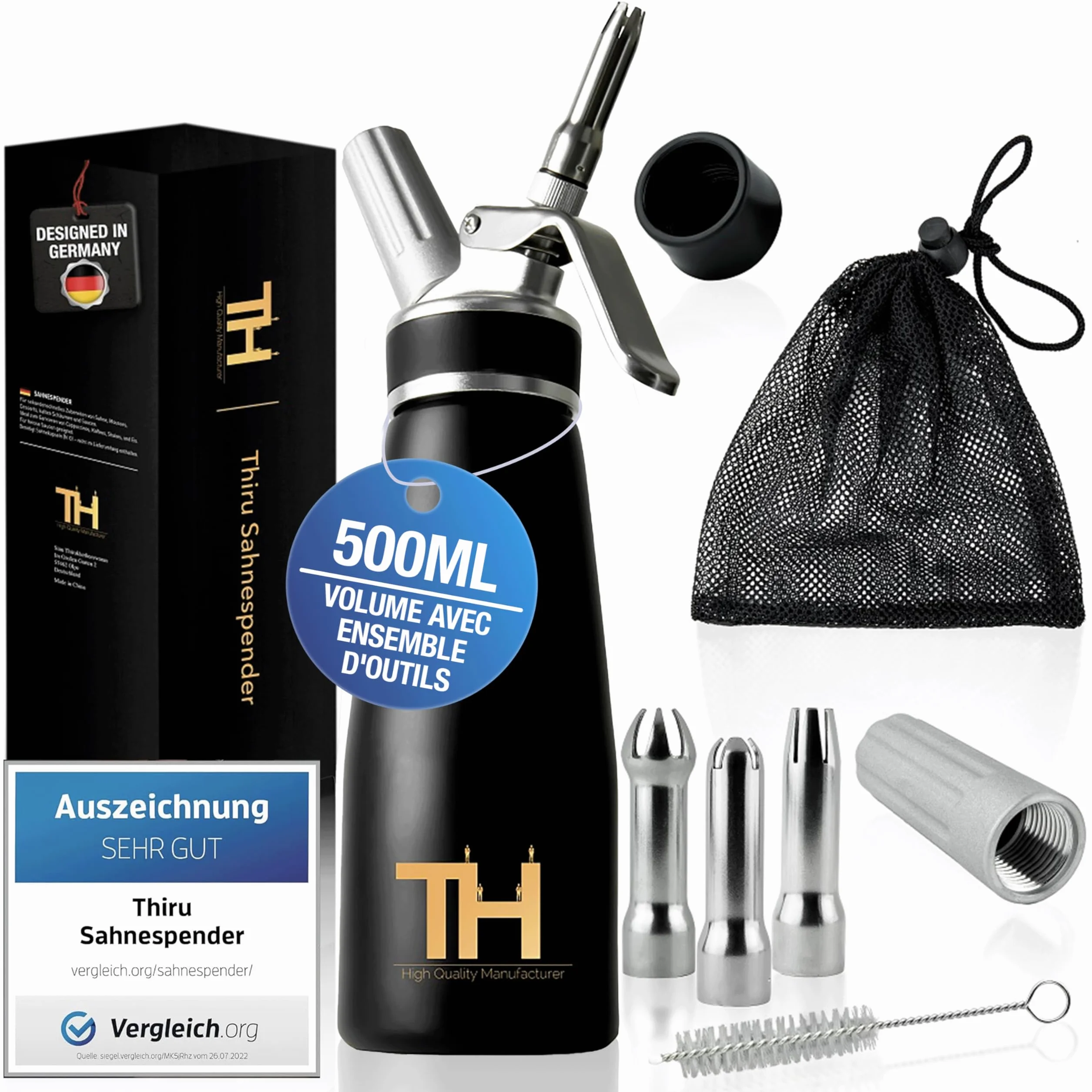 Siphon à mousse Thiru crème inox 3 douilles noir 100 jours d'essai