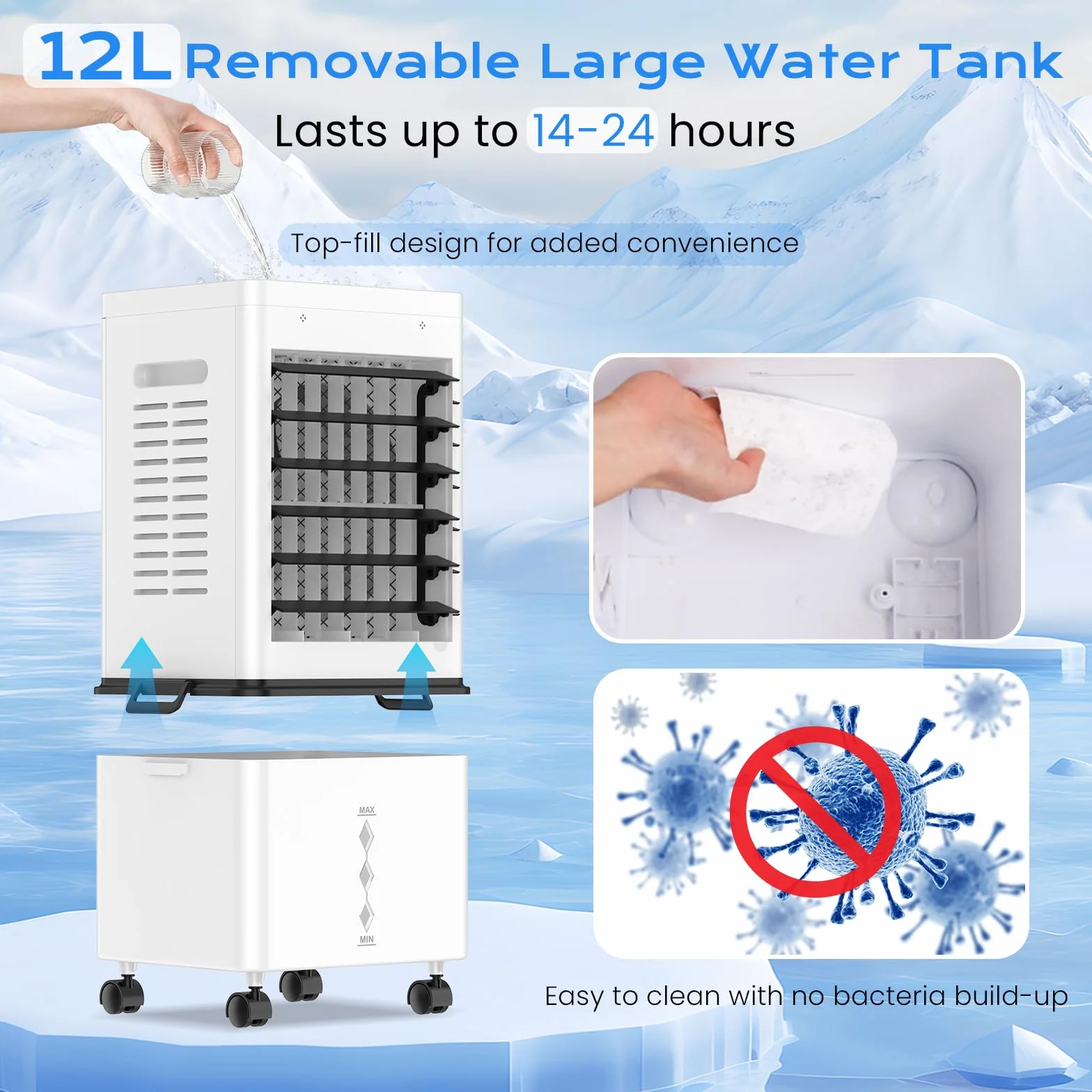 Climatiseur Mobile Silencieux Sans Évacuation 12L Rafraichisseur d'air, 45W, 6 Vitesses, 24H Minuterie, 3 Modes, Oscillation 60°/120°