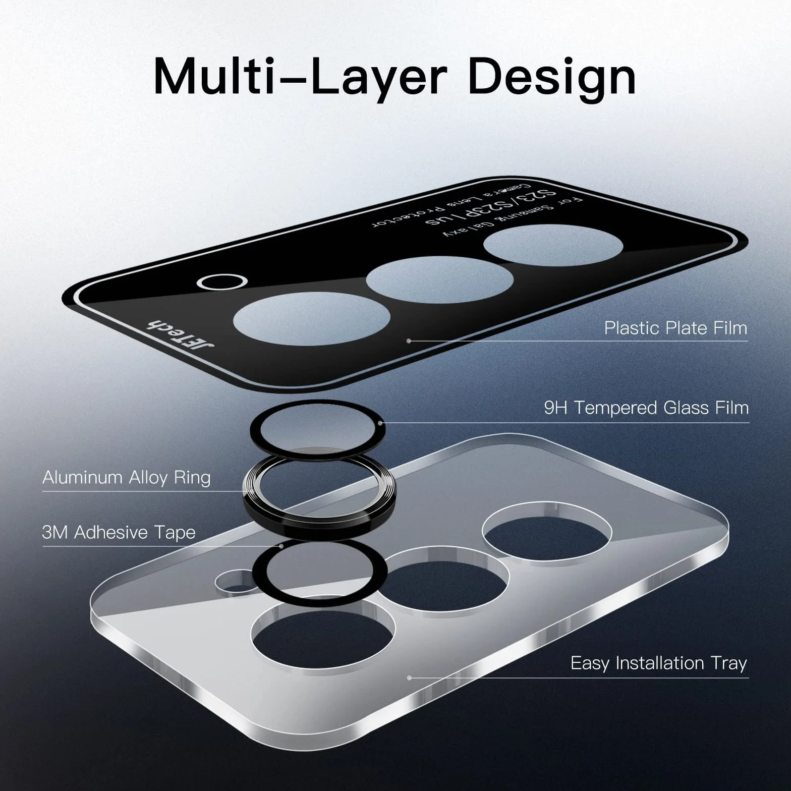 JETech Ochraniacz Obiektywu Aparat dla Samsung Galaxy S23 5G 6,1 Cala / S23 Plus 5G 6,6 Cala, 9H Szkło Hartowane Metalowy Pierścień Cover, Narzędzie Łatwej Instalacji, 1 Komplet(Czarny)