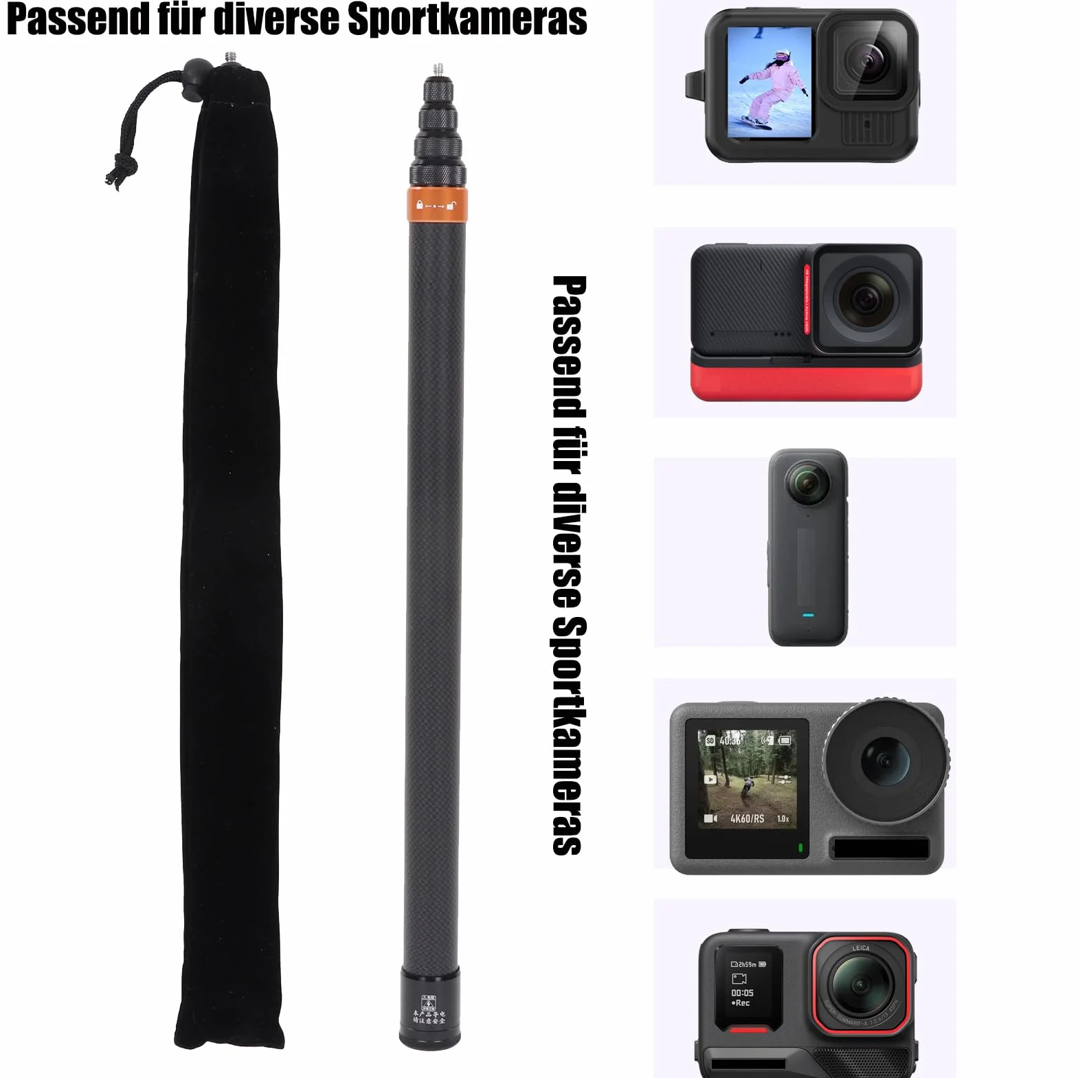 Kamera Ruchowa Selfie Stick Przykręcana Kamera Sportowa Kijek do Selfie z Włókna Węglowego Panoramiczna Akcji Kij Teleskopowy Nadaje się do Insta 360x3, One Rs, Go 2,