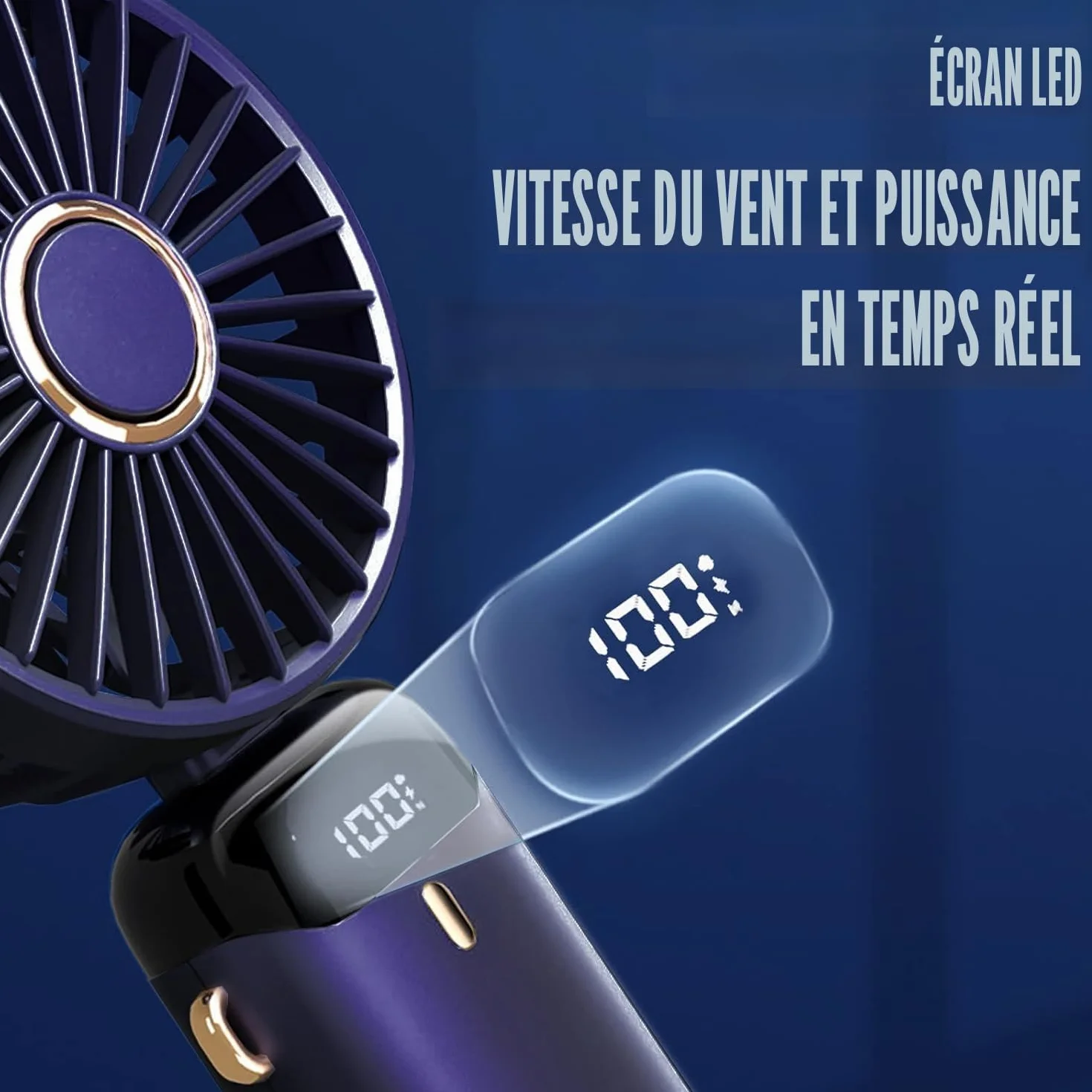 Jsdoin Ventilateur portable rechargeable USB 5 vitesses mini pliable écran LED Bleu Foncé