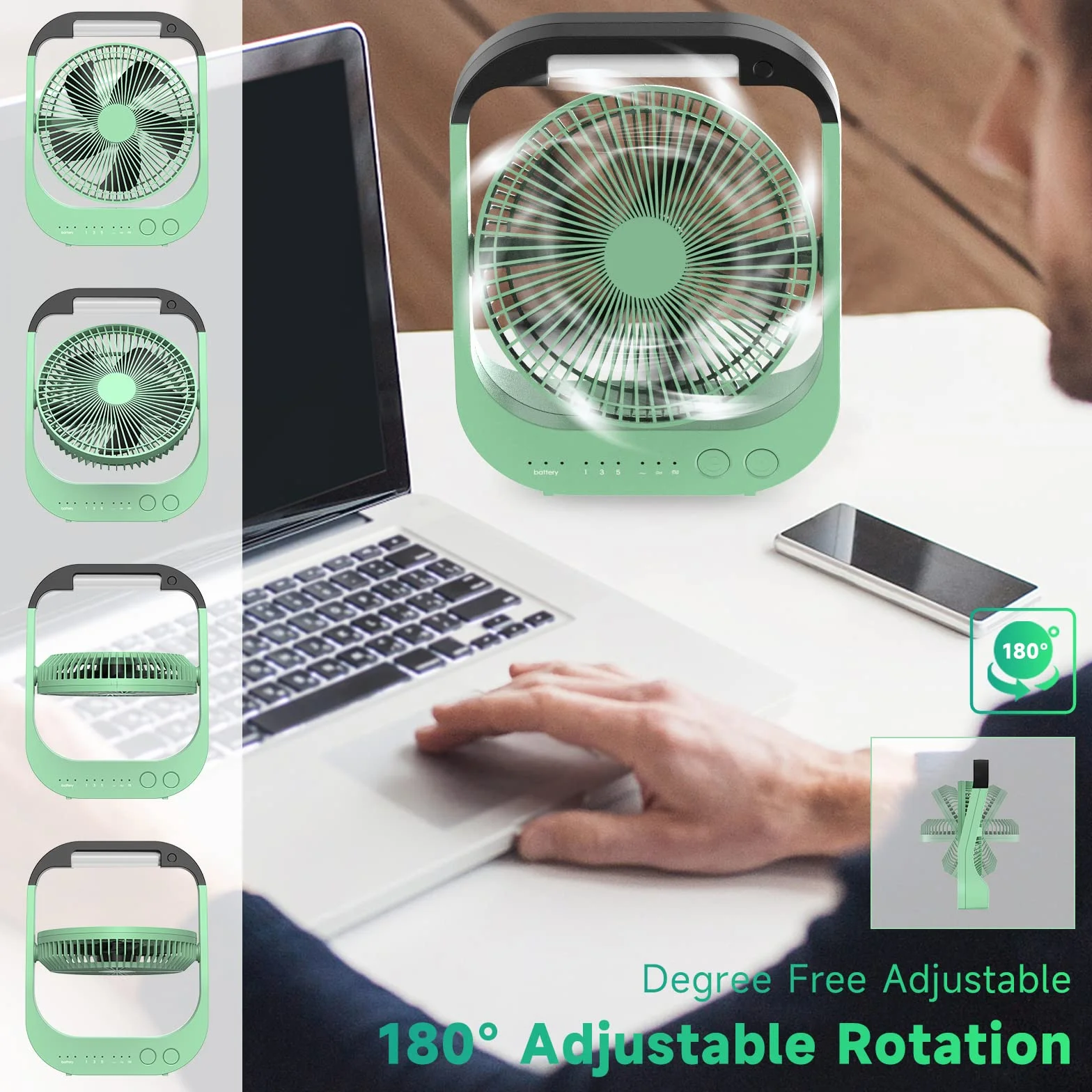 ATEngeus USB, Fan wentylator zasilany akumulatorem 10000 mAh, stołowy z 4 prędkościami, wentylator kempingowy 8 cali, obrót o 180°, światło LED, timer, przenośny wentylator