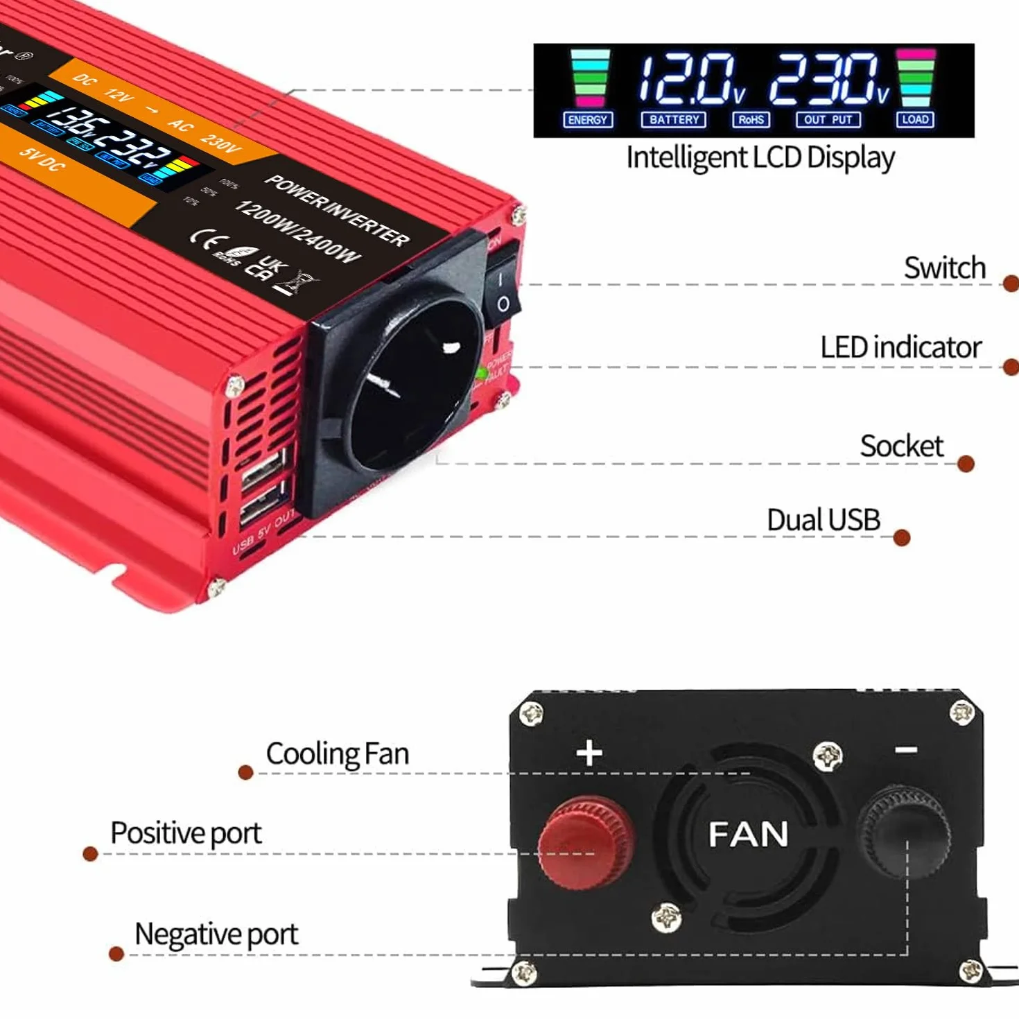 Yinleader Przetwornica napięcia 1200 W/2400 W 12 V 230 V falownik Dual USB Power Inverter z 1 gniazdem i wyświetlaczem LCD, do samochodu, czerwony